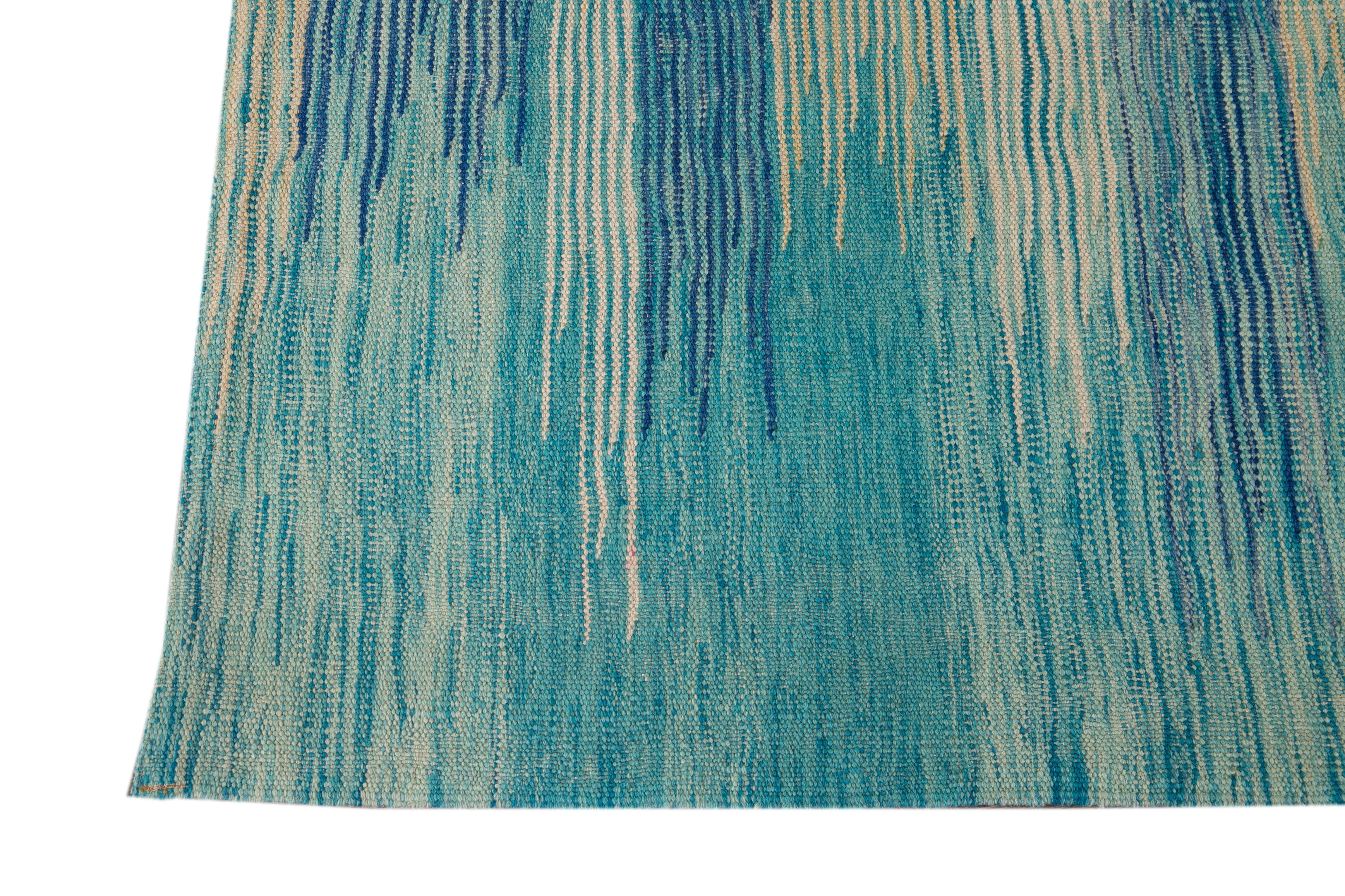 Hand-Knotted Teal Modern Expressionist Flat-Weave Handmade Wool Rug For Sale