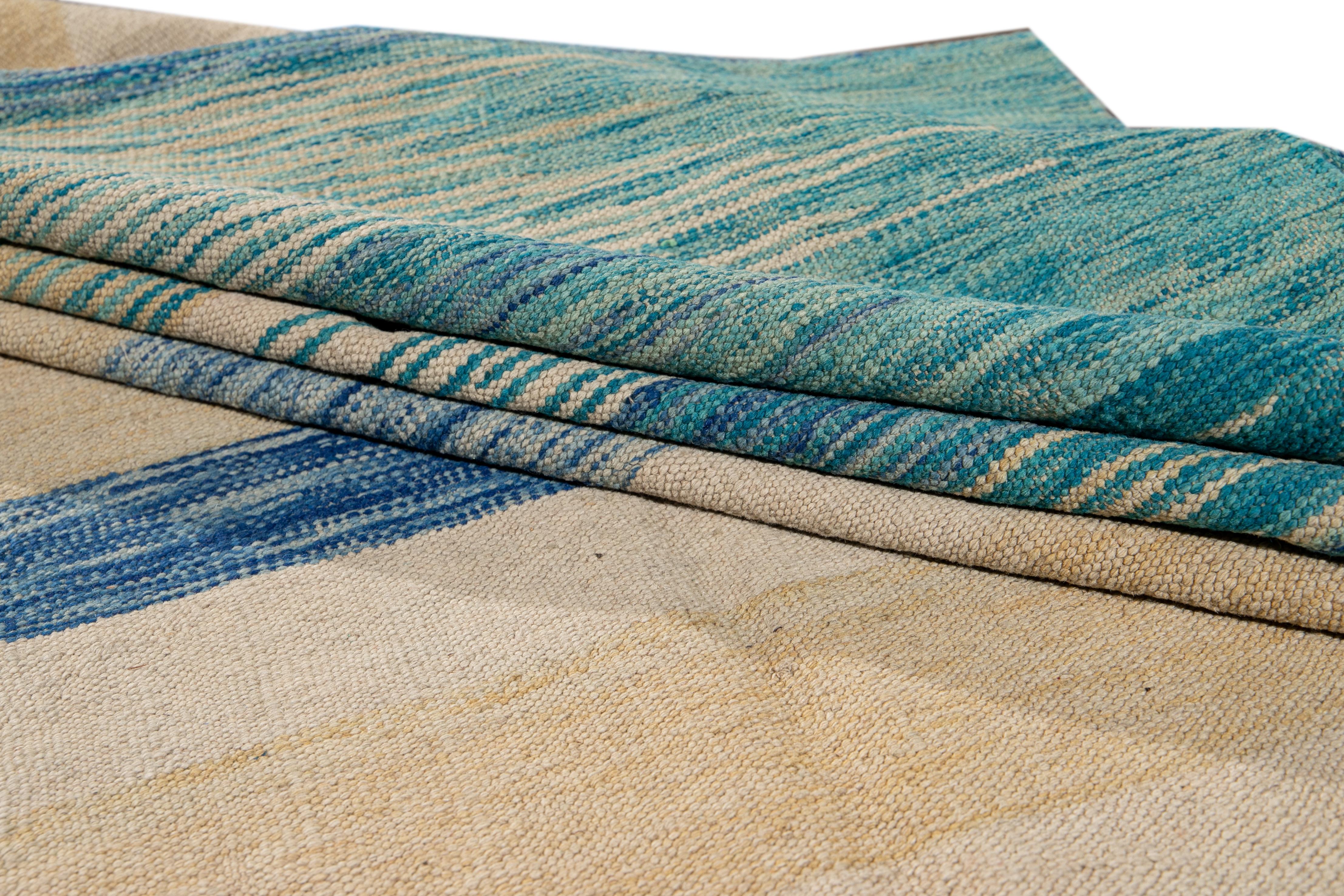 Teal Modern Expressionist Flat-Weave Handmade Wool Rug In New Condition For Sale In Norwalk, CT