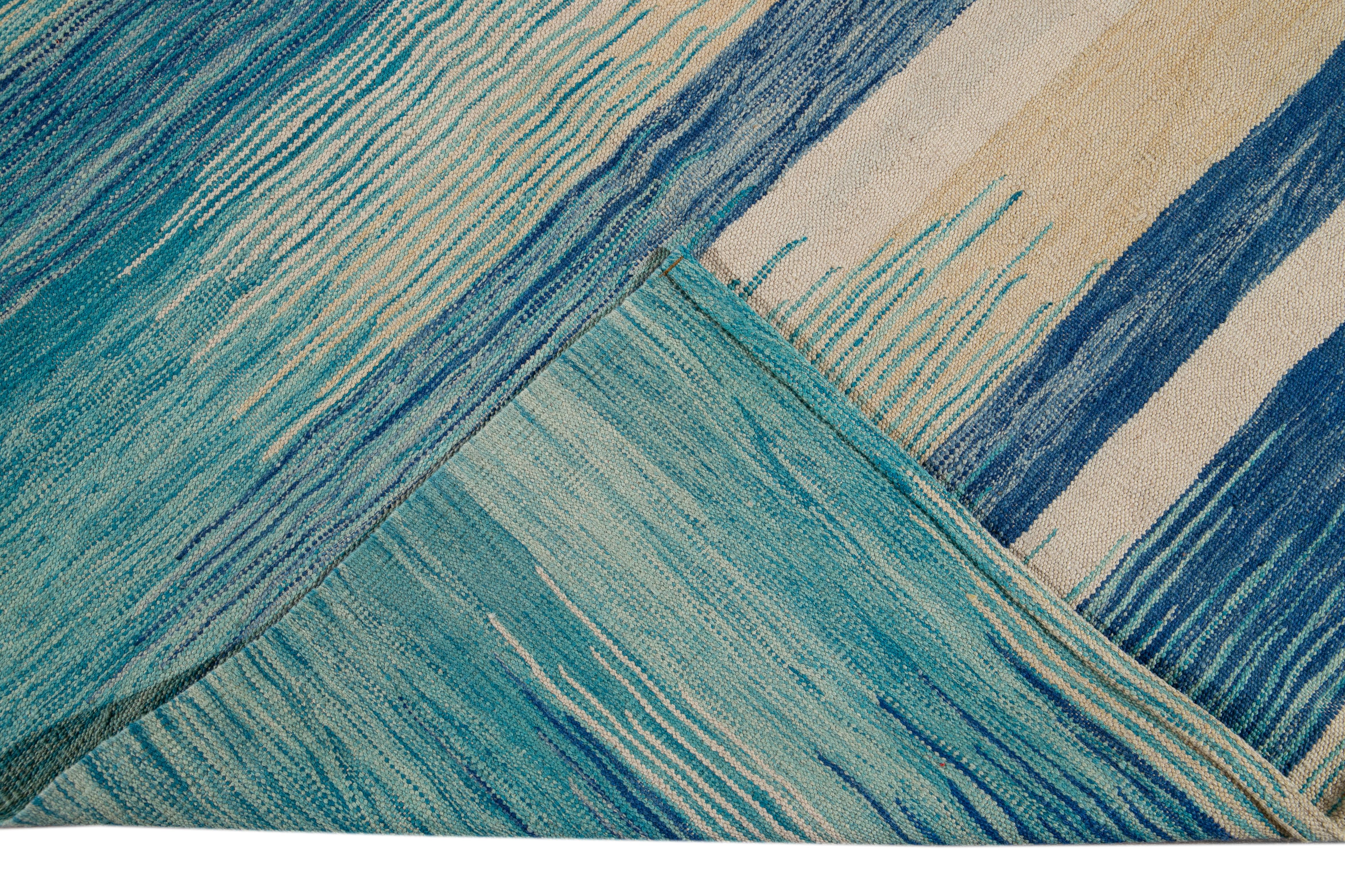 Contemporary Teal Modern Expressionist Flat-Weave Handmade Wool Rug For Sale