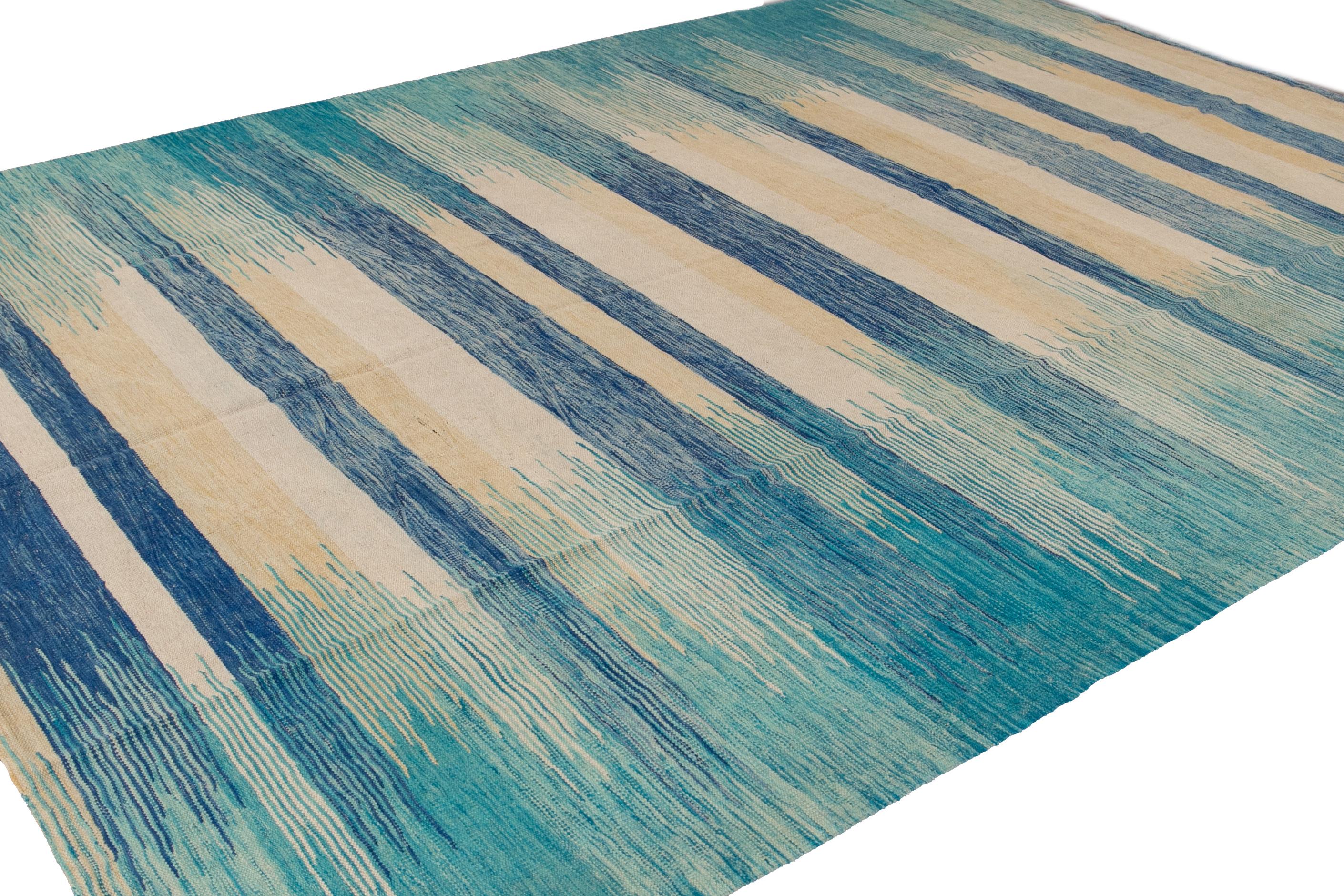 Teal Modern Expressionist Flat-Weave Handmade Wool Rug For Sale 1