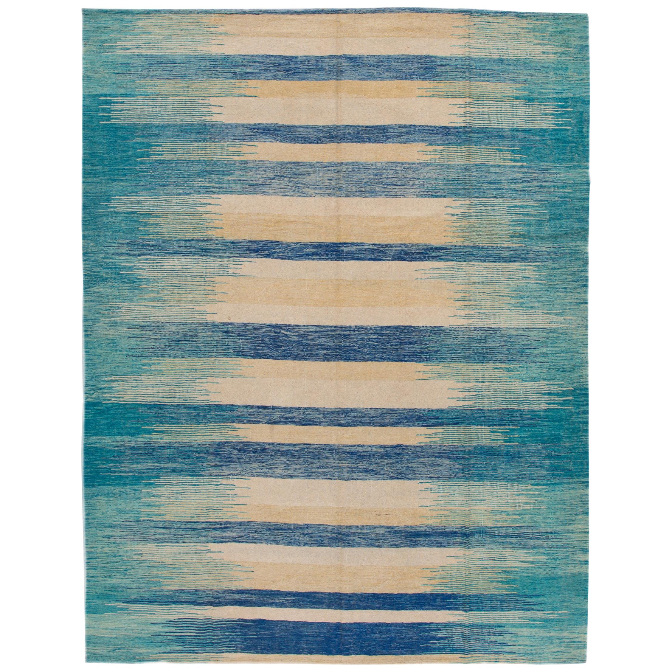 Teal Modern Expressionist Flat-Weave Handmade Wool Rug