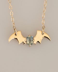 Teal Montana Sapphire Emerald Cut Bat Morticia Necklace