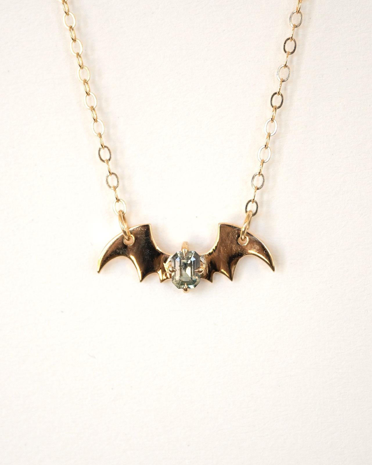 Teal Montana Sapphire Emerald Cut Bat Morticia Necklace In New Condition For Sale In Scottsdale, AZ