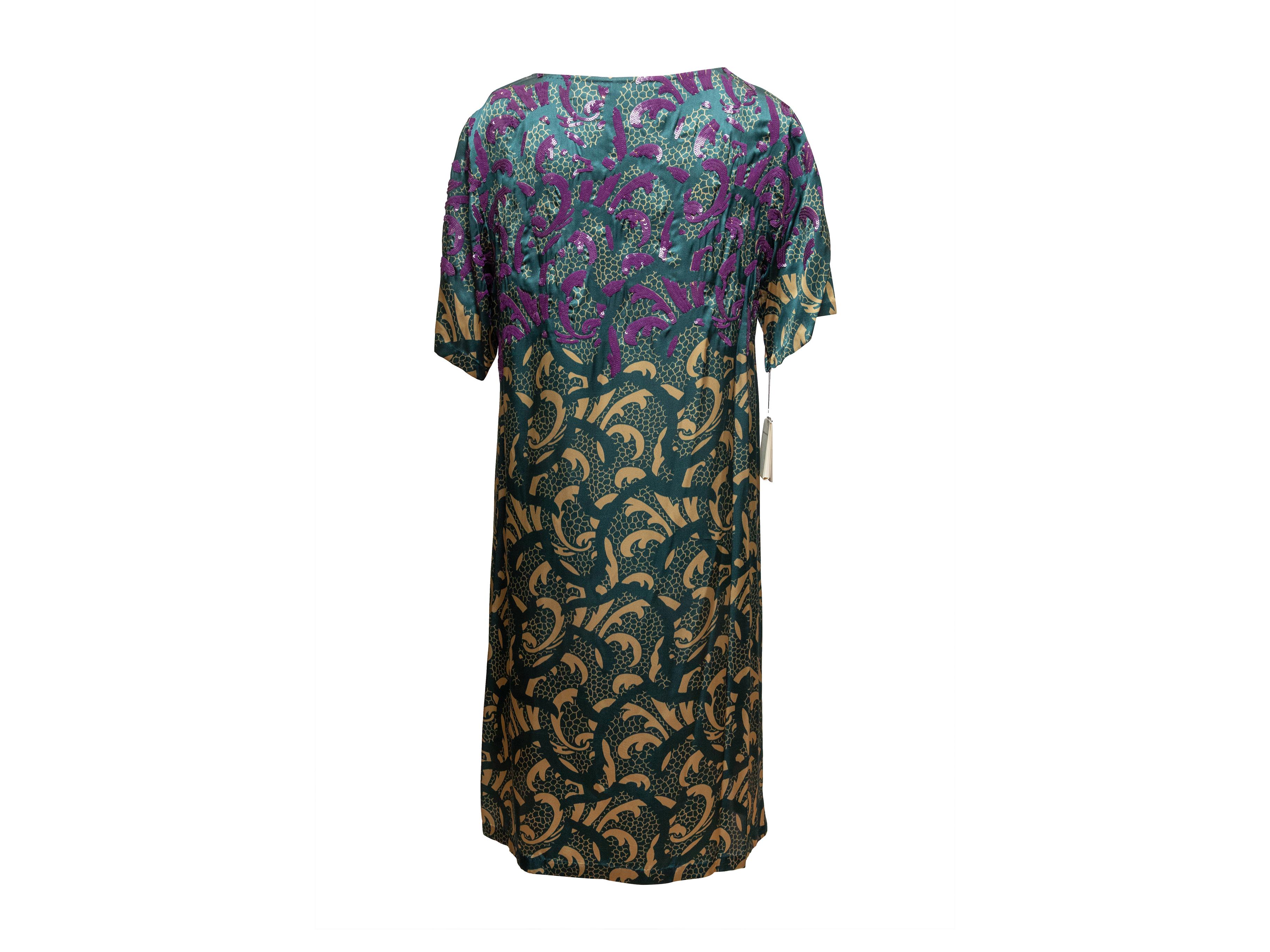Black Teal & Multicolor Dries Van Noten Embellished Printed Dress Size EU 40 For Sale