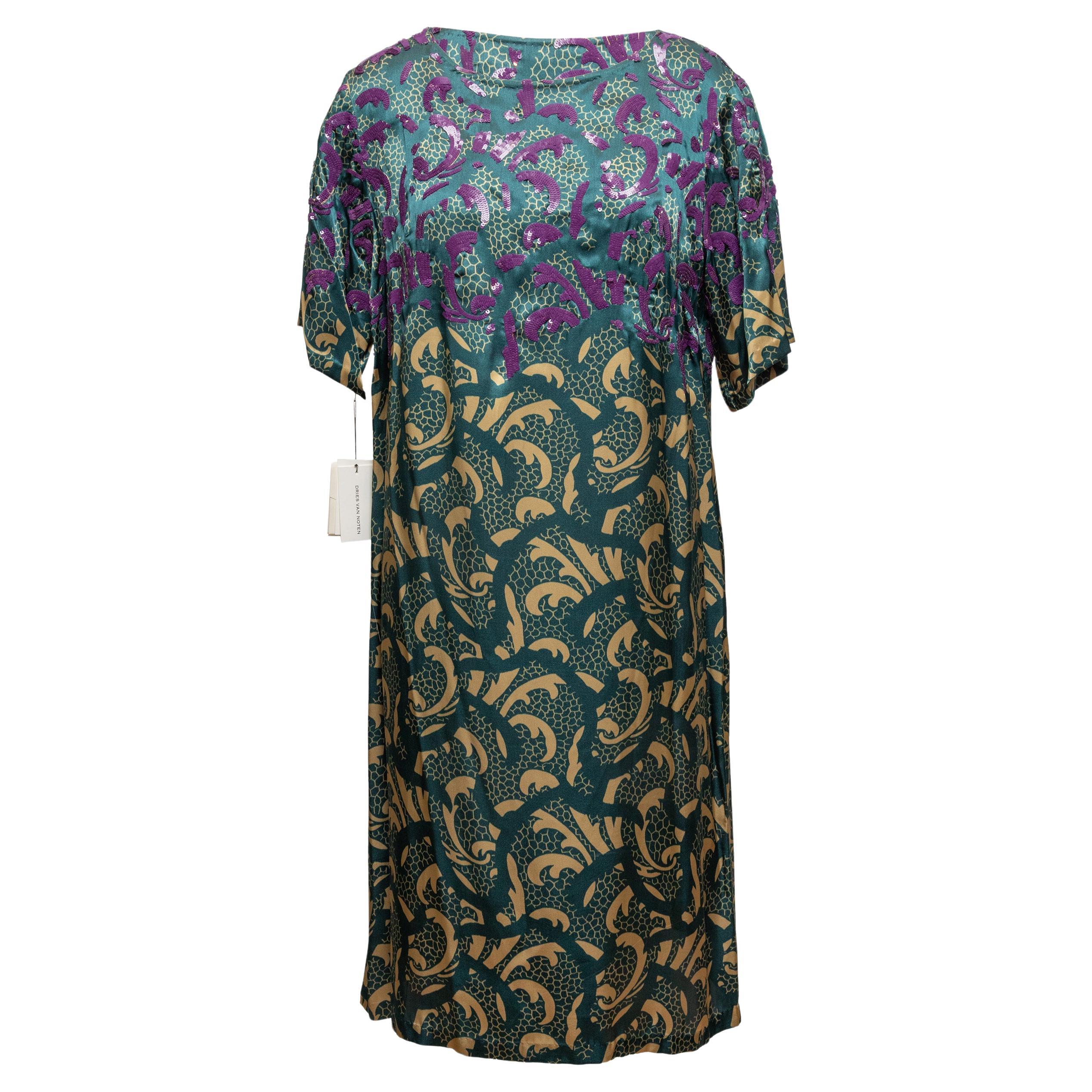 Teal & Multicolor Dries Van Noten Embellished Printed Dress Size EU 40 For Sale