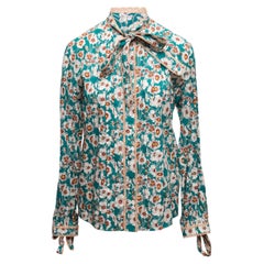 Teal & Multicolor Gucci Floral Print Pussy Bow Blouse Size IT 42