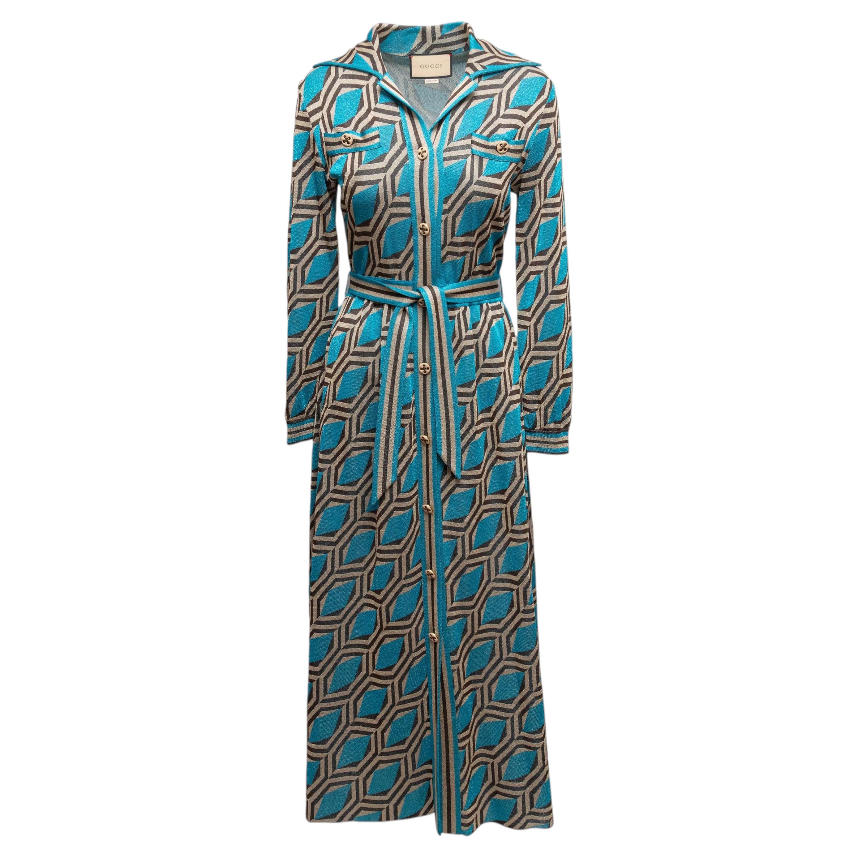 Teal & Multicolor Gucci Metallic Geometric Patterned Knit Maxi Dress Size US S