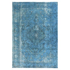 Teal Overdyed, Hand Knotted Vintage Persian Tabriz Distressed Look Pure Wool Rug