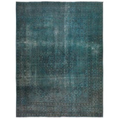 Teal Overdyed Worn Down and Vintage Persian Tabriz Hand Knotted Oriental Rug