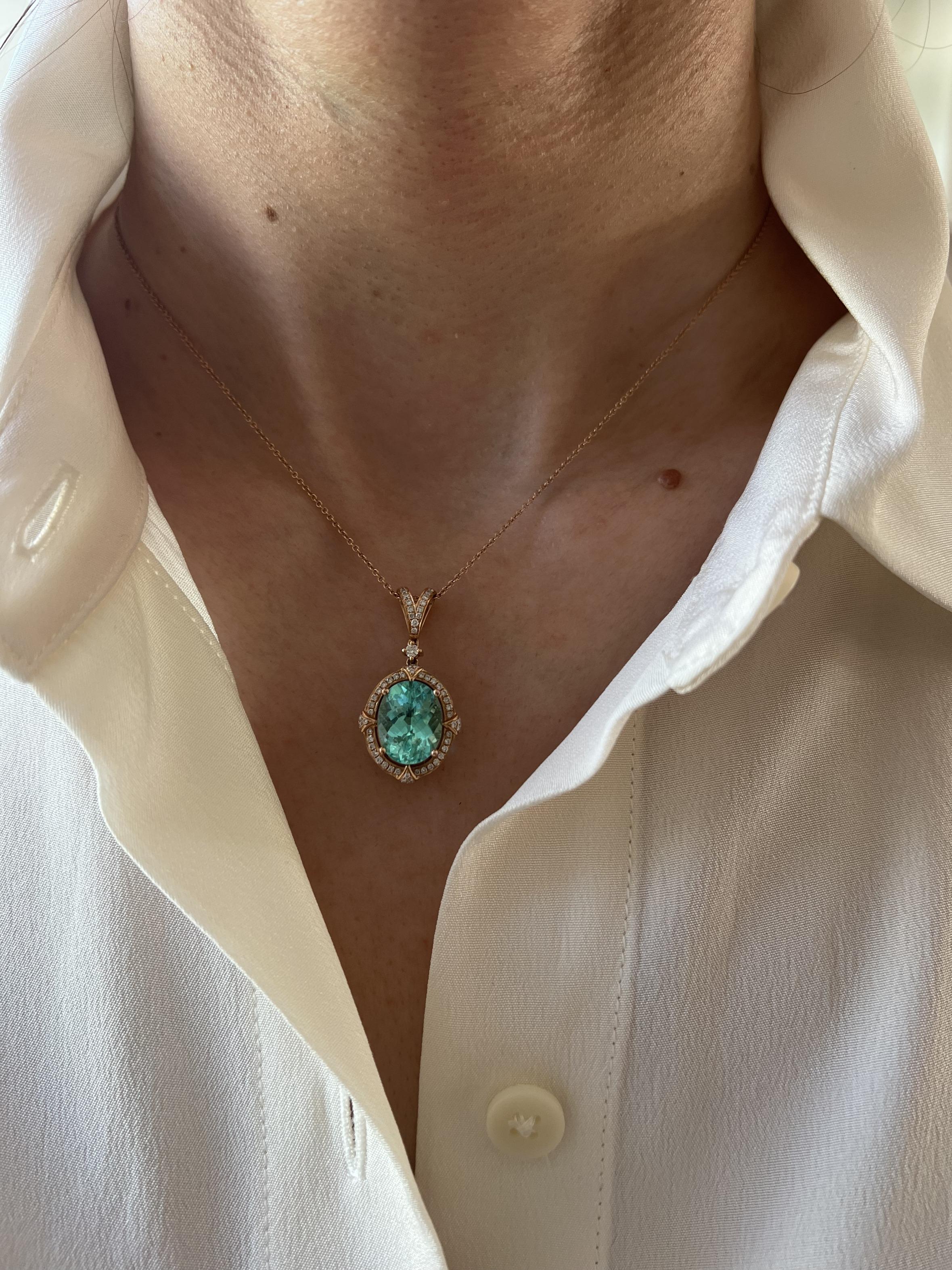 Teal Paraiba Tourmaline Diamond Halo Unique 18 Karat Rose Gold Pendant Necklace For Sale 6