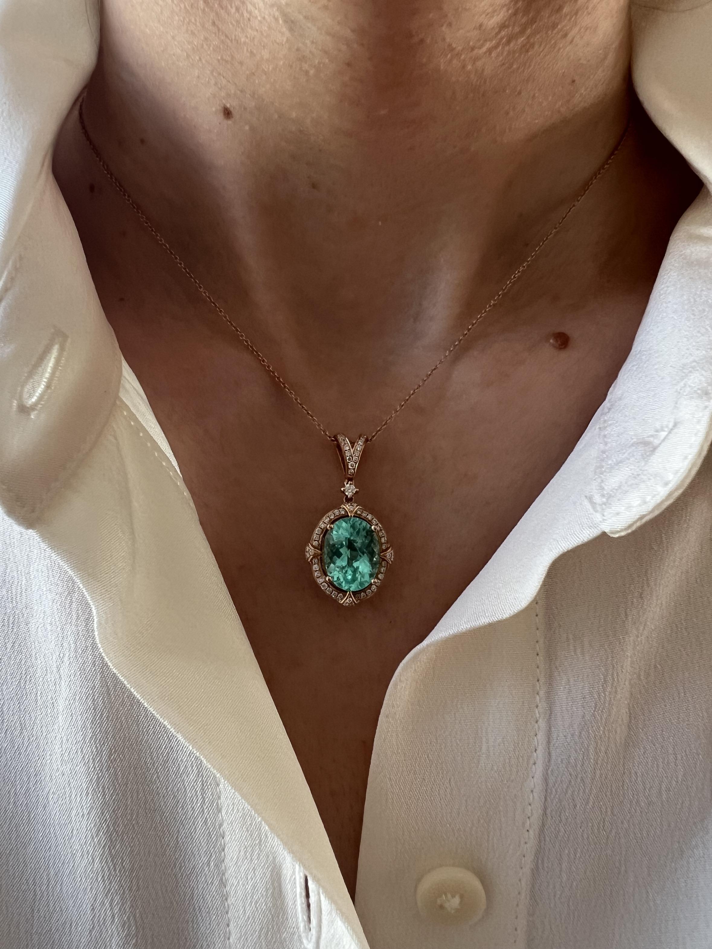 Teal Paraiba Tourmaline Diamond Halo Unique 18 Karat Rose Gold Pendant Necklace For Sale 7