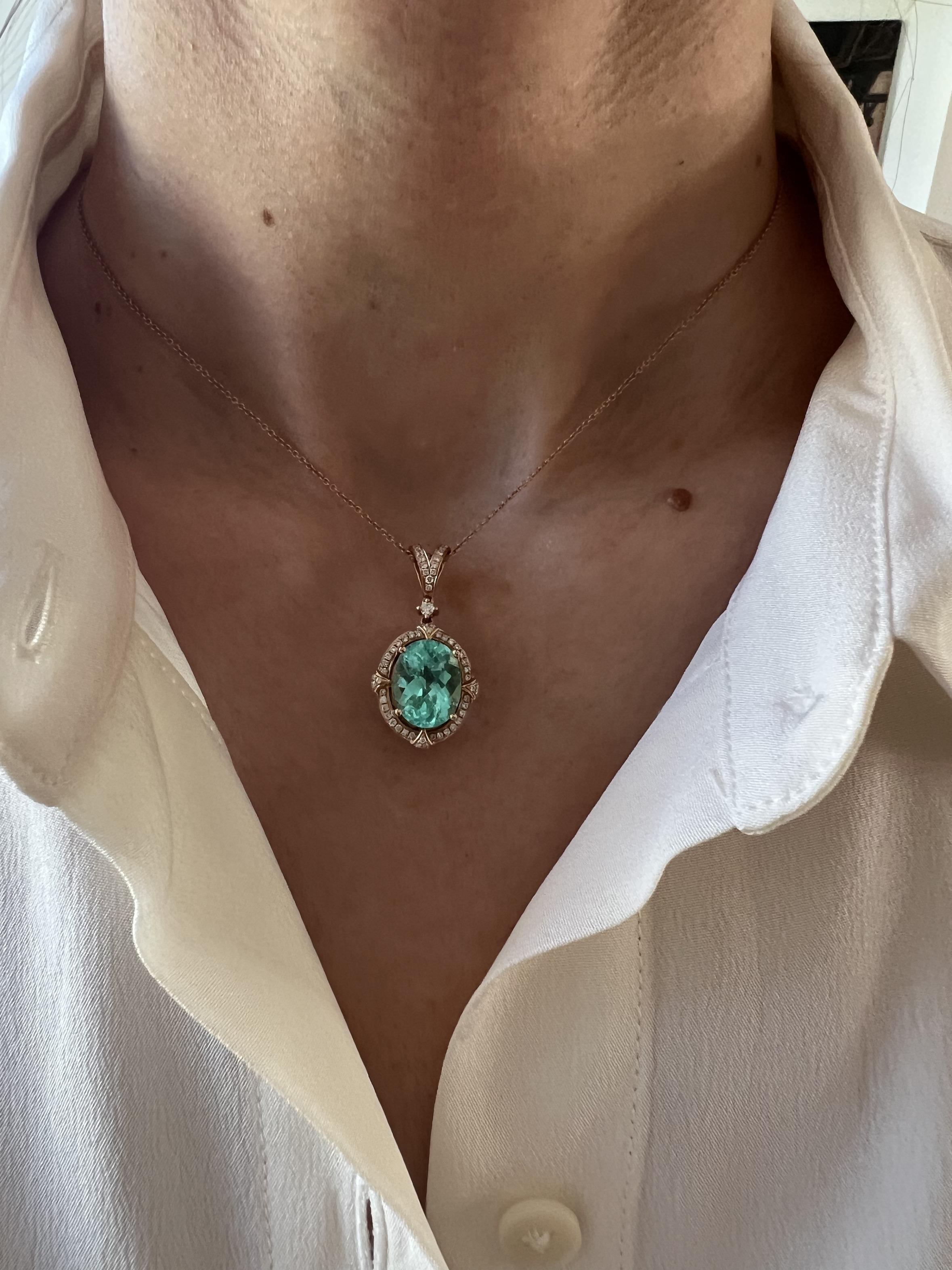 Teal Paraiba Tourmaline Diamond Halo Unique 18 Karat Rose Gold Pendant Necklace For Sale 8