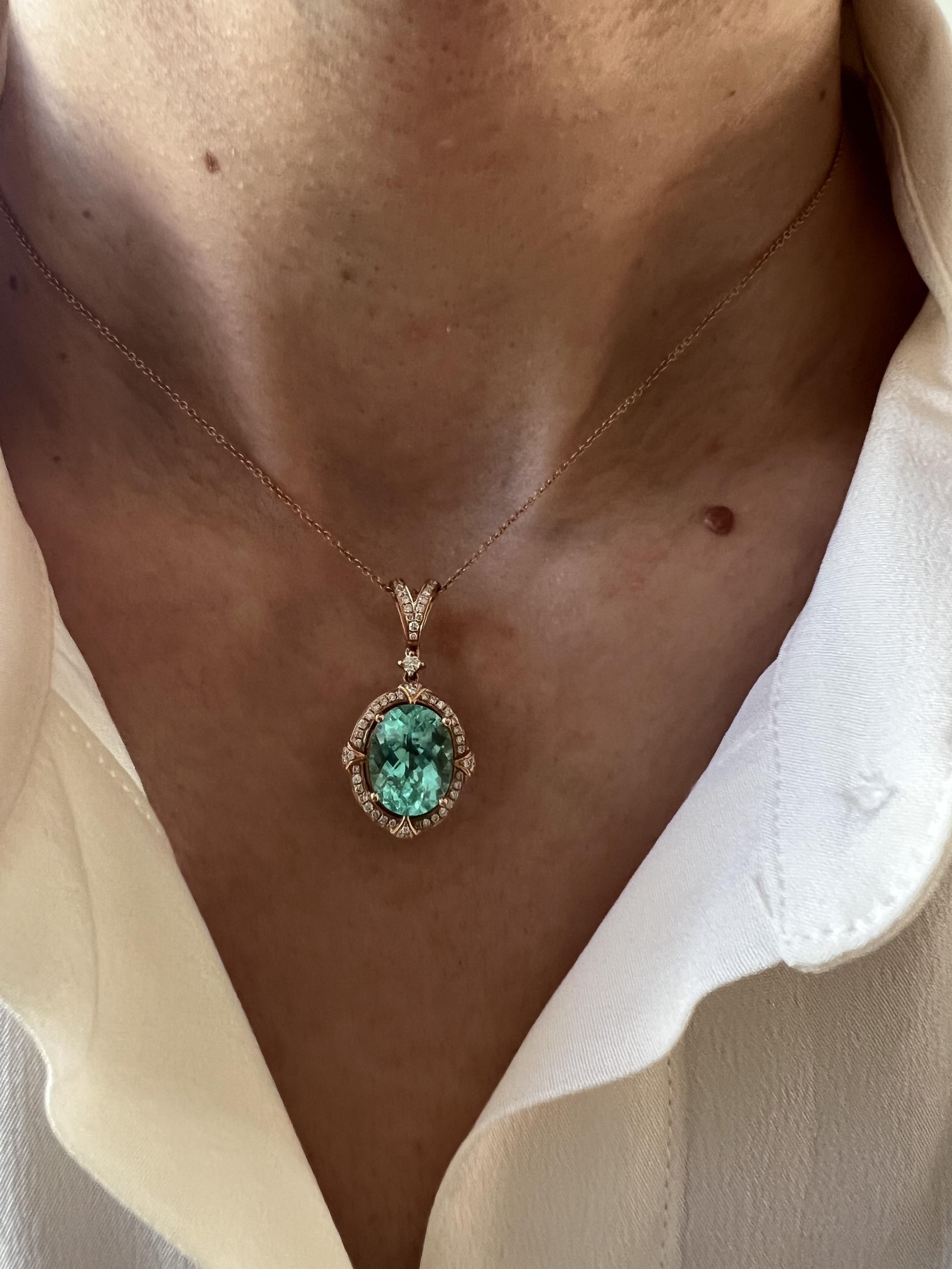 Teal Paraiba Tourmaline Diamond Halo Unique 18 Karat Rose Gold Pendant Necklace For Sale 9