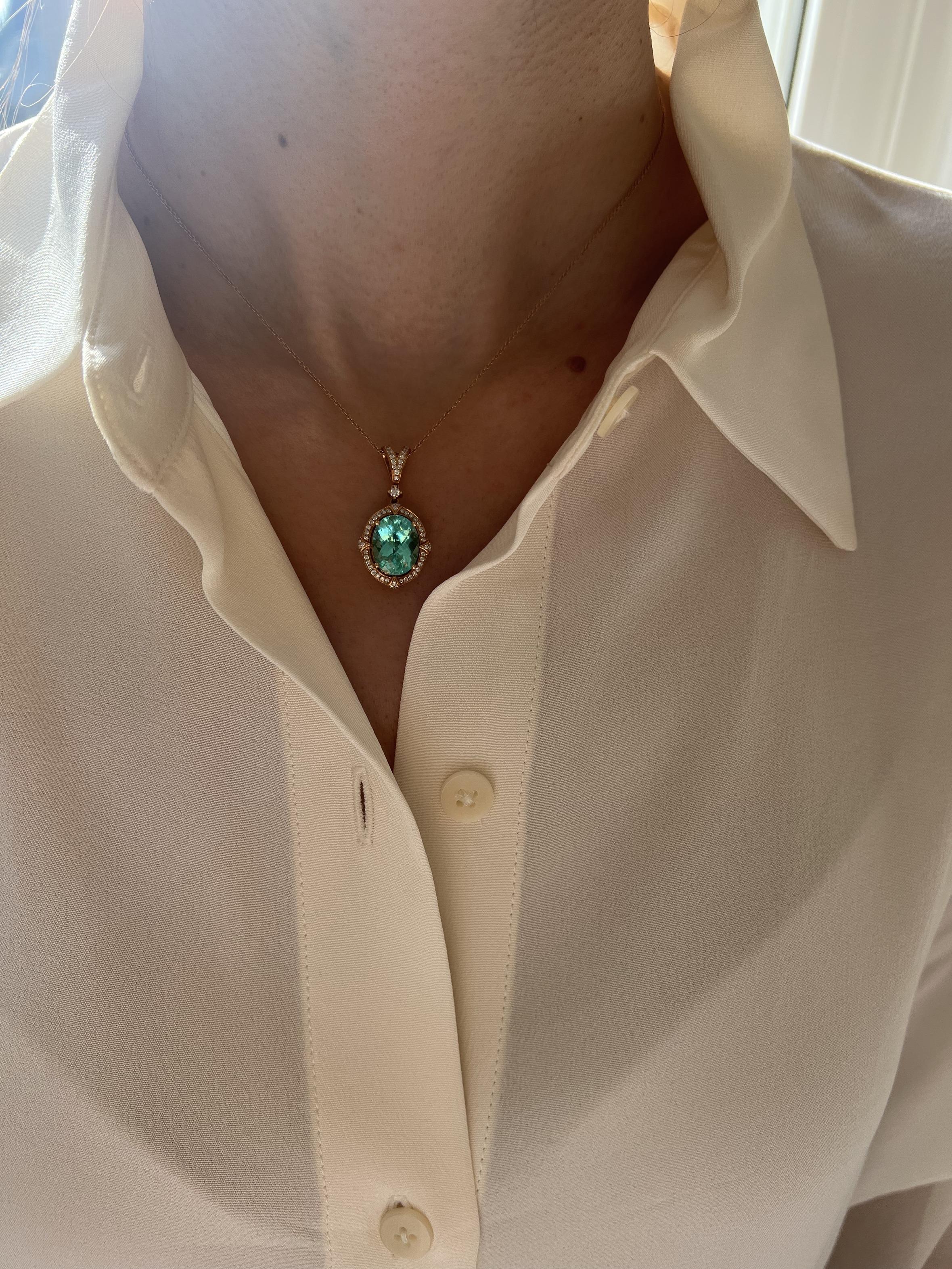 Teal Paraiba Tourmaline Diamond Halo Unique 18 Karat Rose Gold Pendant Necklace For Sale 11