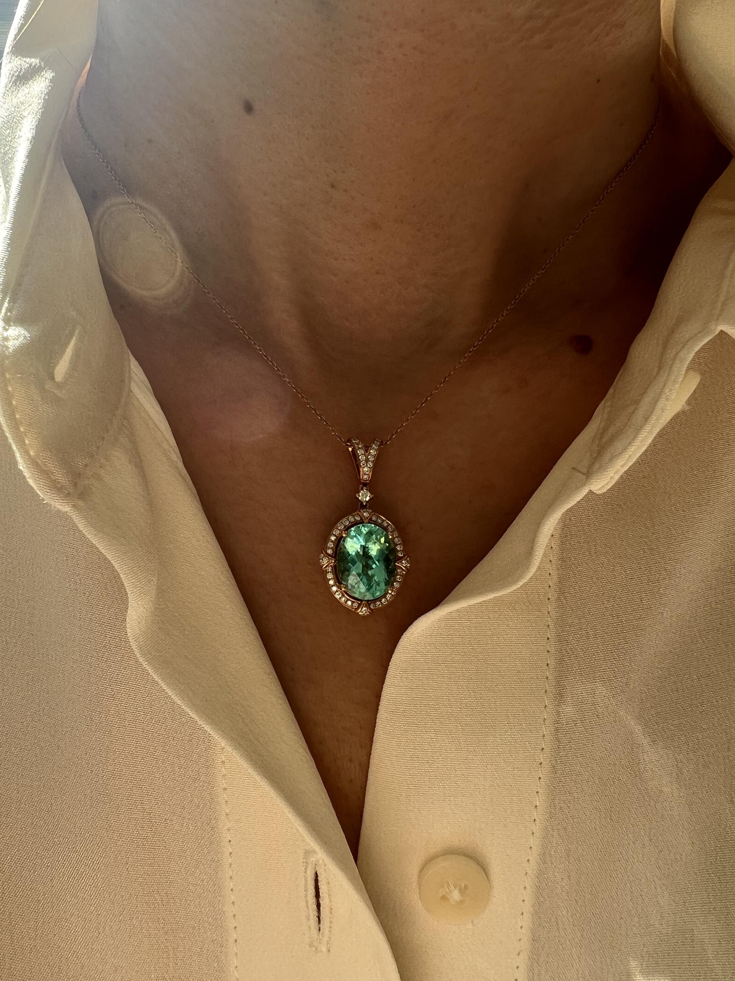Teal Paraiba Tourmaline Diamond Halo Unique 18 Karat Rose Gold Pendant Necklace For Sale 12