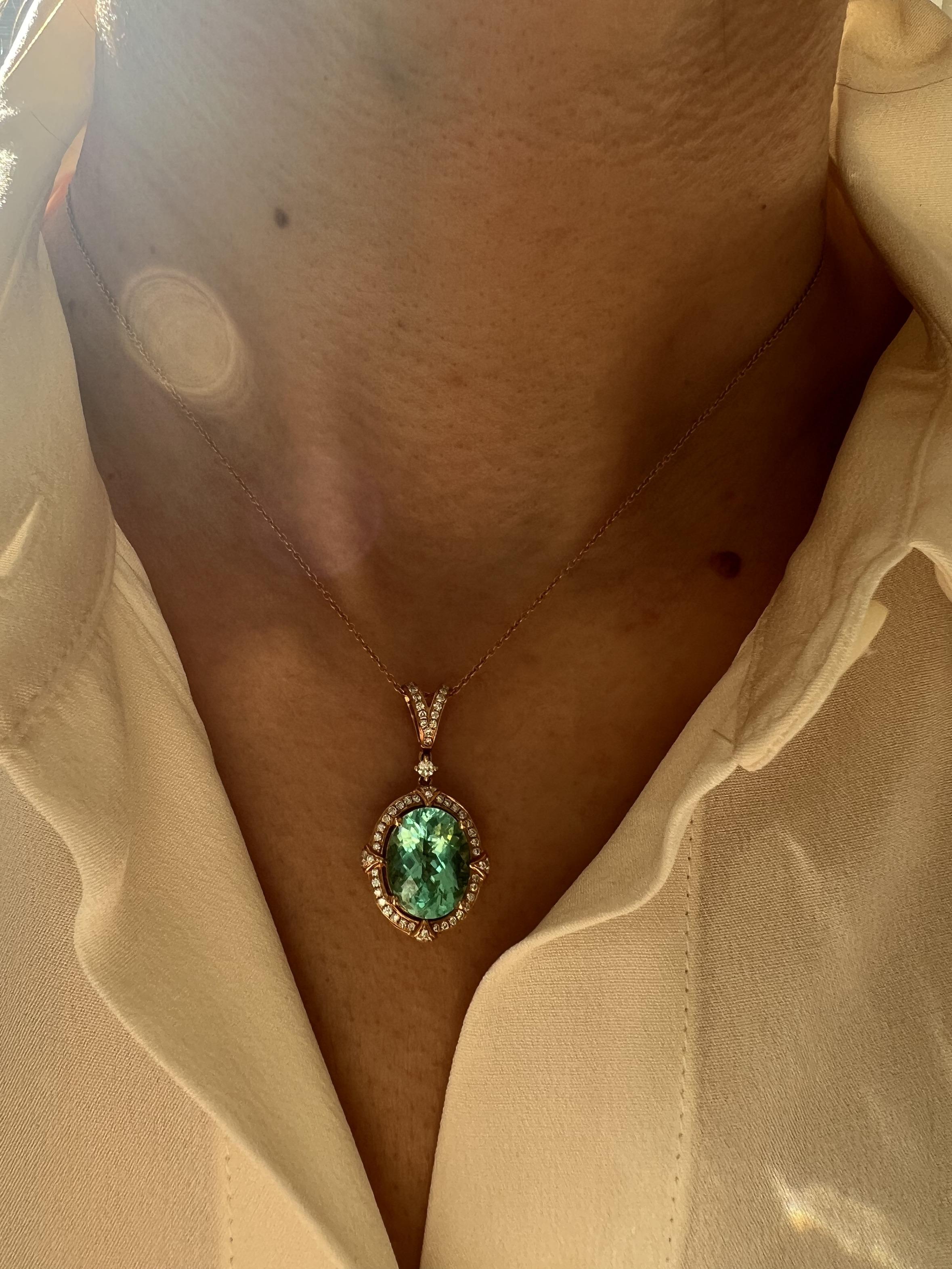 Teal Paraiba Tourmaline Diamond Halo Unique 18 Karat Rose Gold Pendant Necklace For Sale 13
