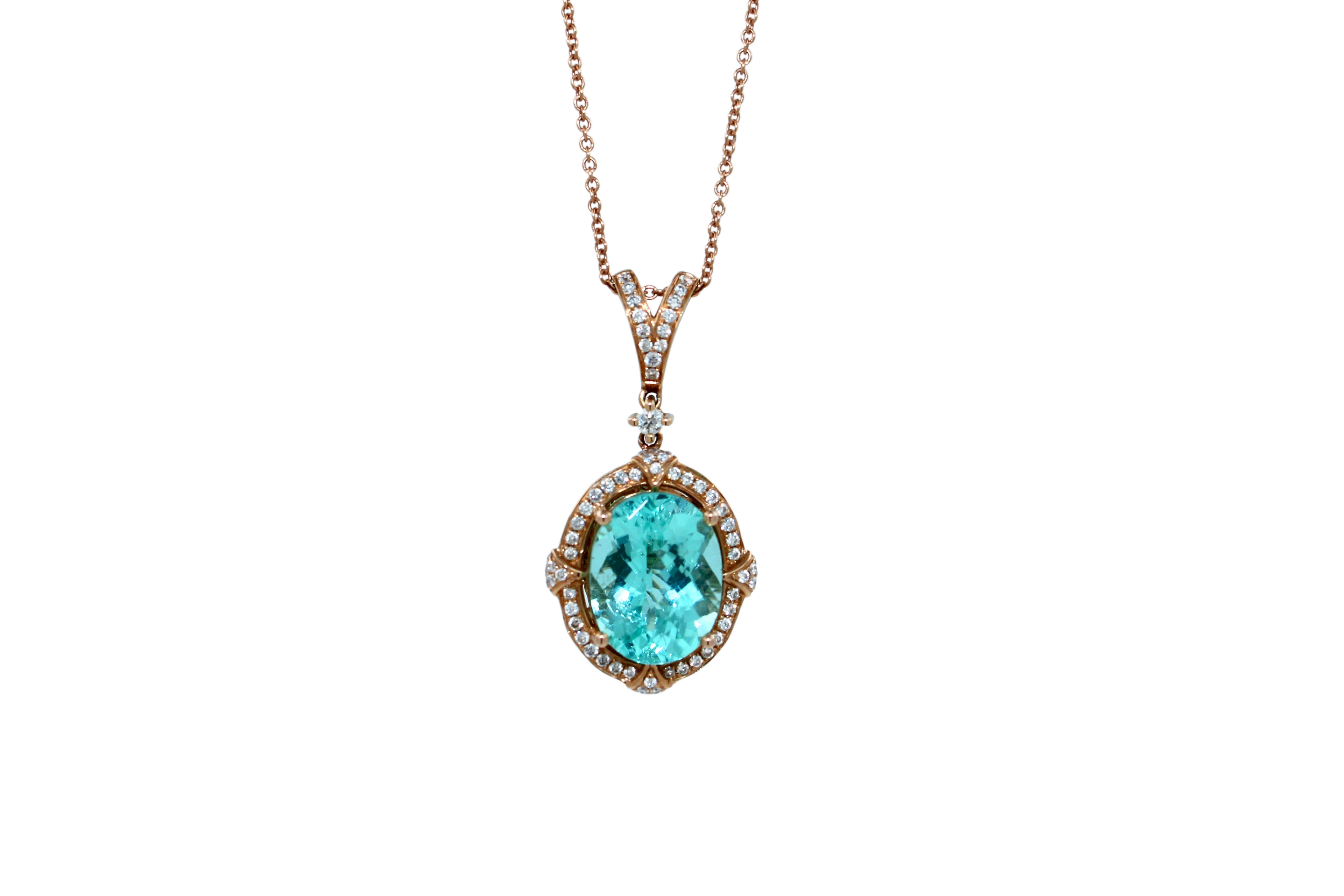 6 Carats Oval Genuine Paraiba Tourmaline 
12.20 x 9.33 mm length width ratio of center gemstone
17 Inches chain length
18K Rose Gold
6.77 Grams Total Weight
1.50 ctw Diamonds G/VS
Extremely Rare Gemstone Type & Quality 