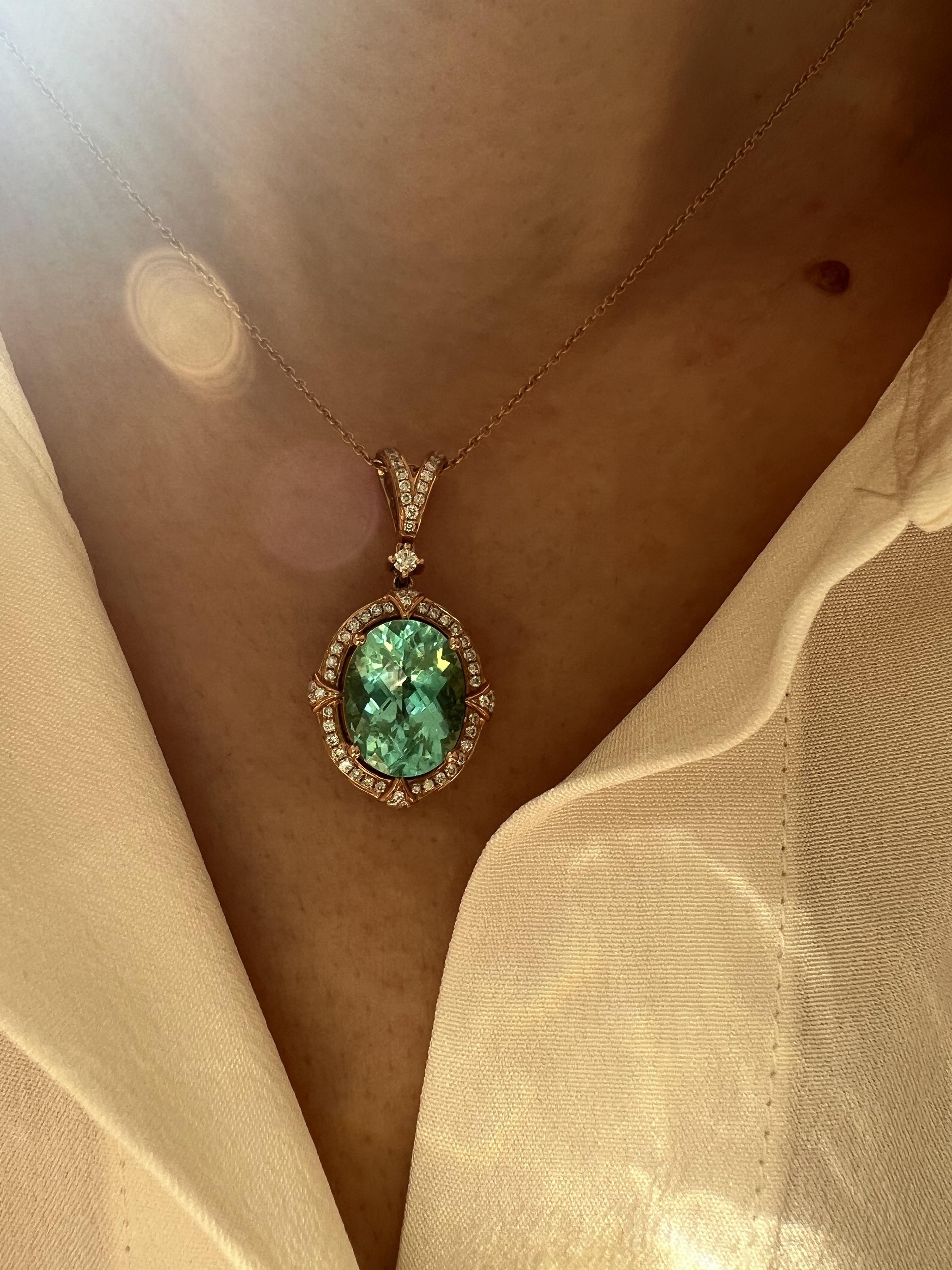 Teal Paraiba Tourmaline Diamond Halo Unique 18 Karat Rose Gold Pendant Necklace For Sale 14