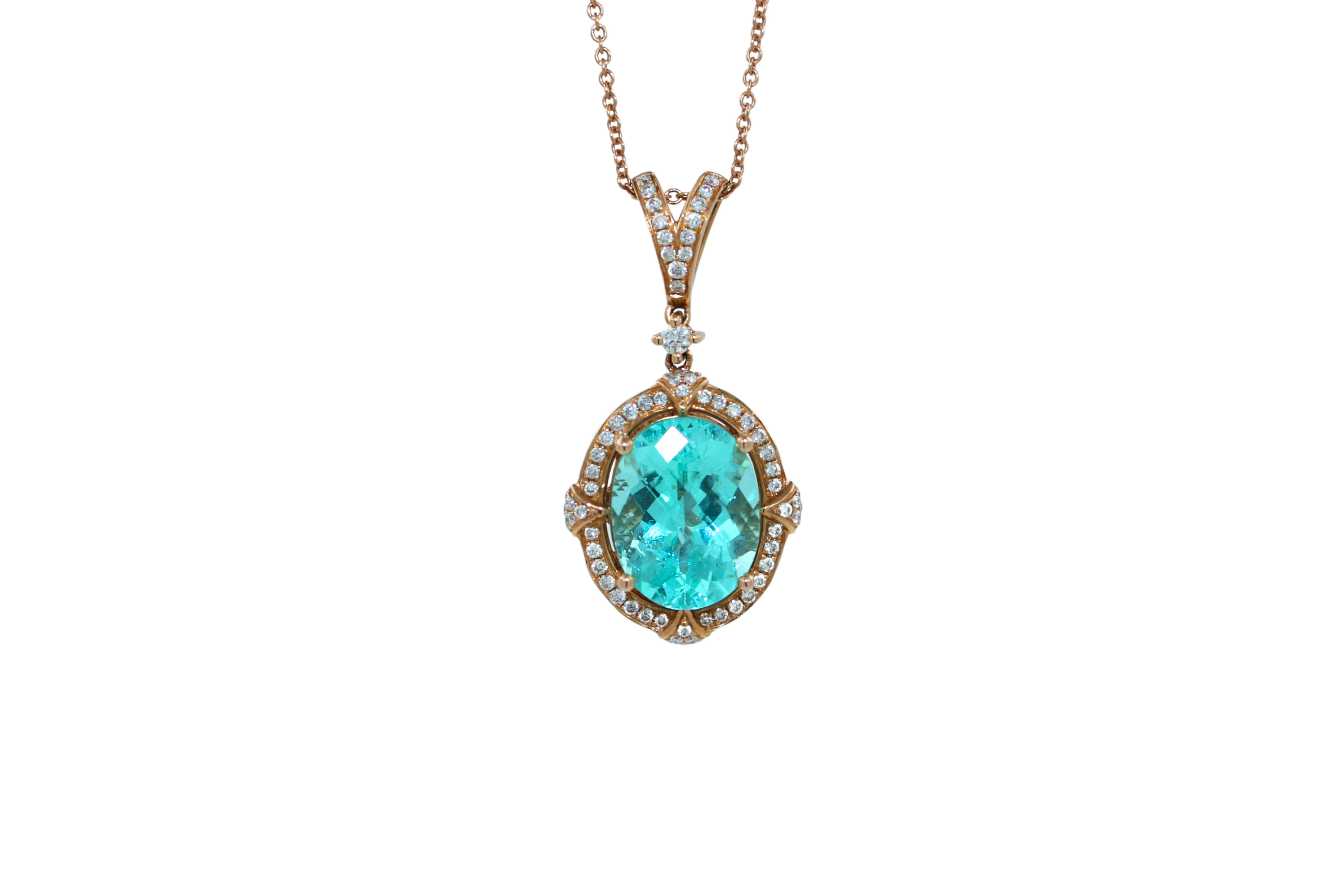 Modern Teal Paraiba Tourmaline Diamond Halo Unique 18 Karat Rose Gold Pendant Necklace For Sale