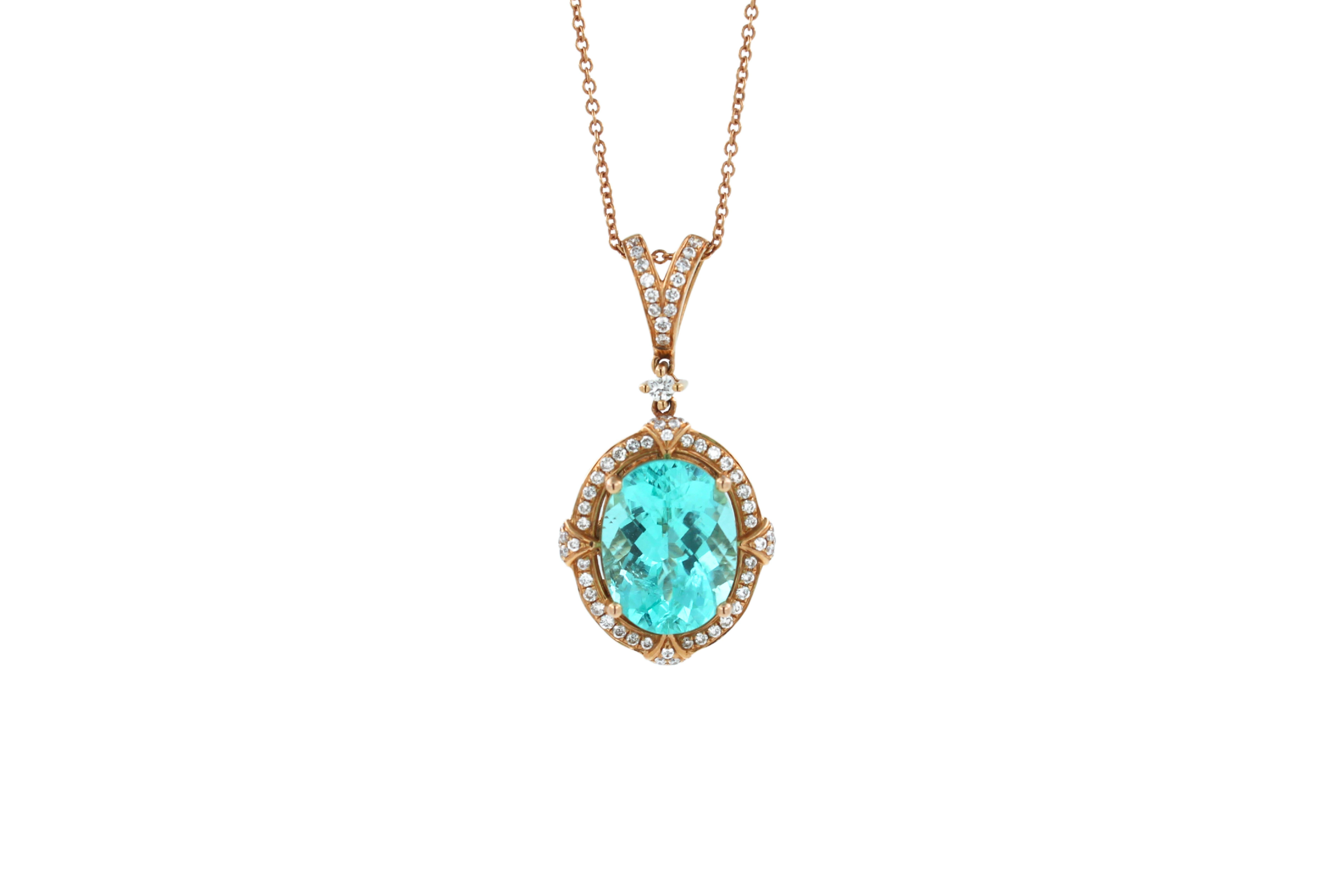 Oval Cut Teal Paraiba Tourmaline Diamond Halo Unique 18 Karat Rose Gold Pendant Necklace For Sale