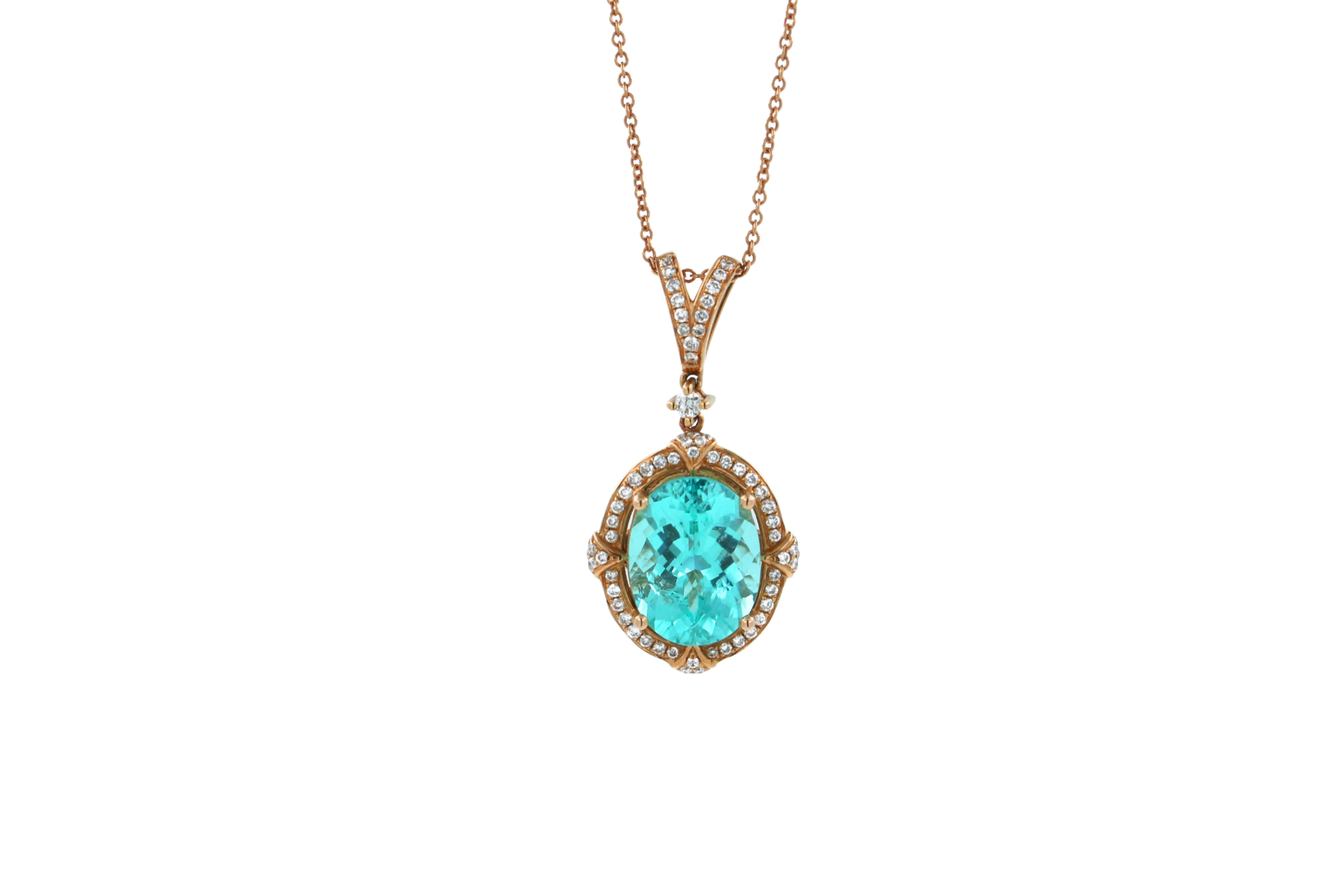 Teal Paraiba Tourmaline Diamond Halo Unique 18 Karat Rose Gold Pendant Necklace In New Condition For Sale In Fairfax, VA