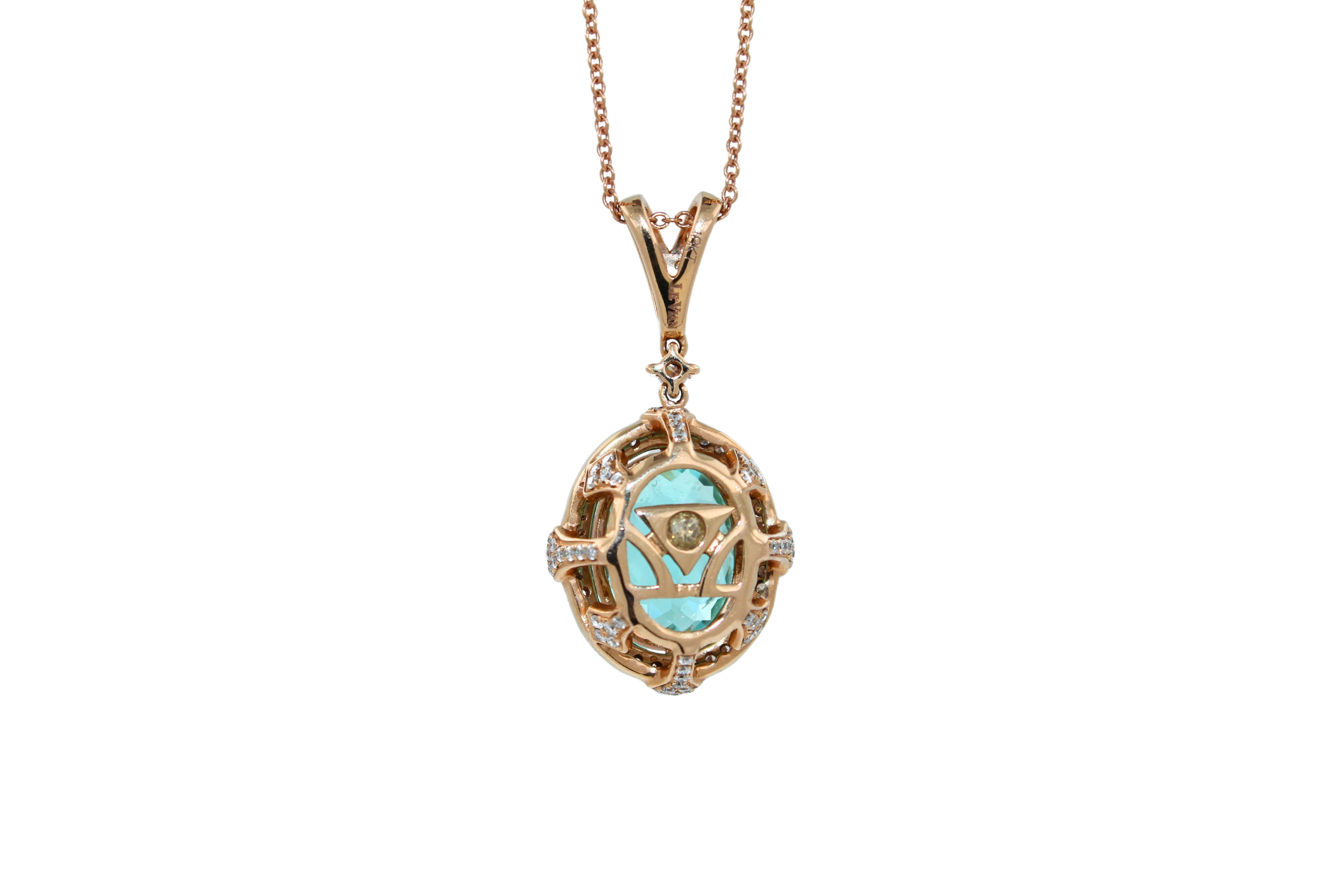 Women's Teal Paraiba Tourmaline Diamond Halo Unique 18 Karat Rose Gold Pendant Necklace For Sale