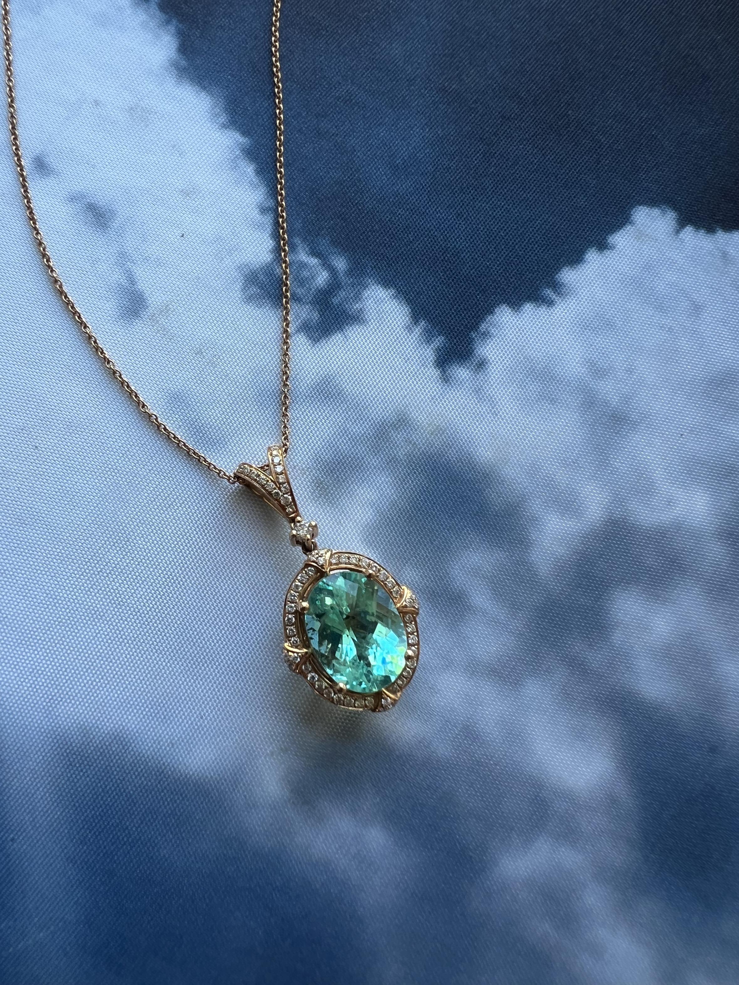 Teal Paraiba Tourmaline Diamond Halo Unique 18 Karat Rose Gold Pendant Necklace For Sale 1