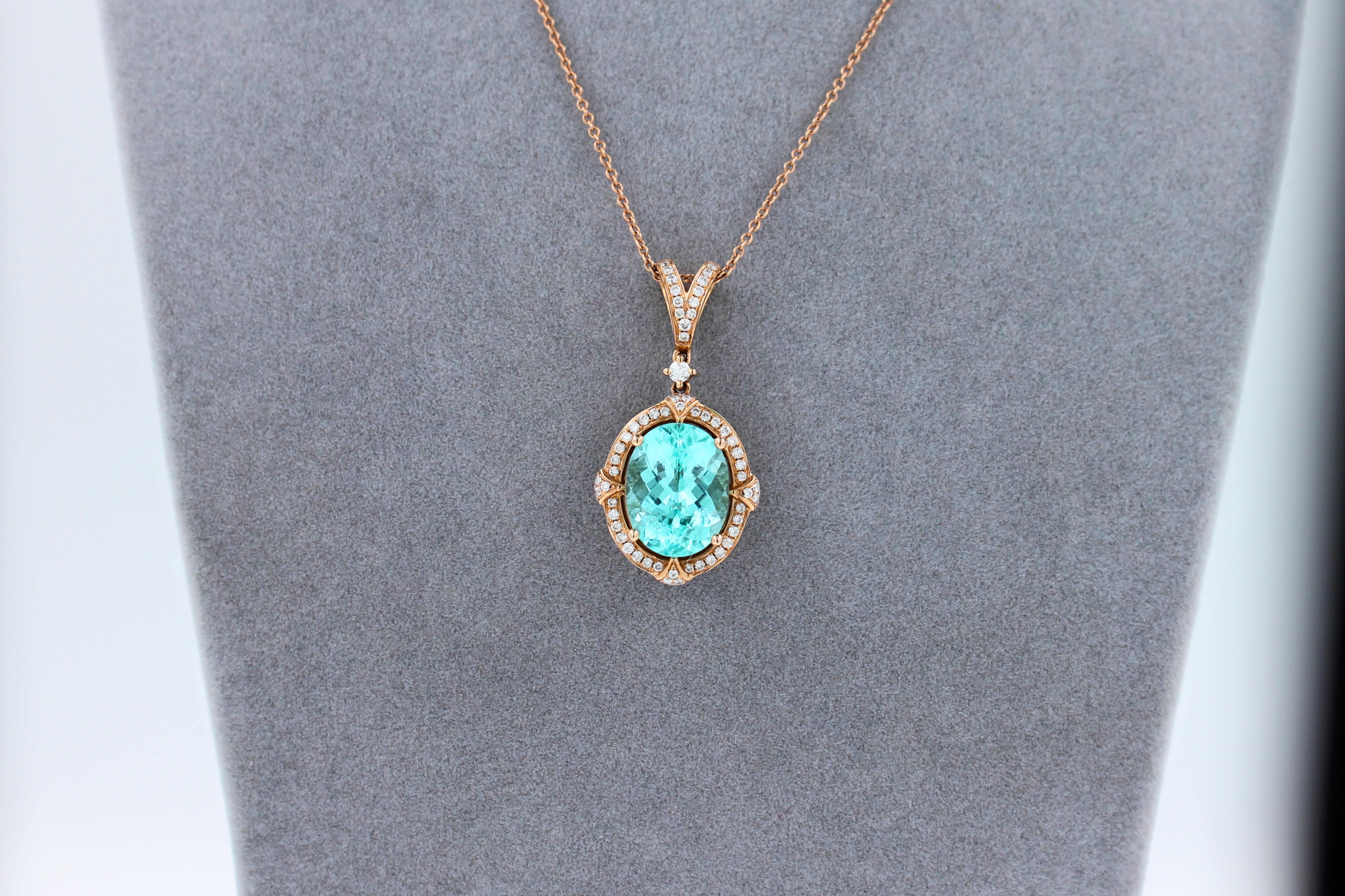 Teal Paraiba Tourmaline Diamond Halo Unique 18 Karat Rose Gold Pendant Necklace For Sale 2
