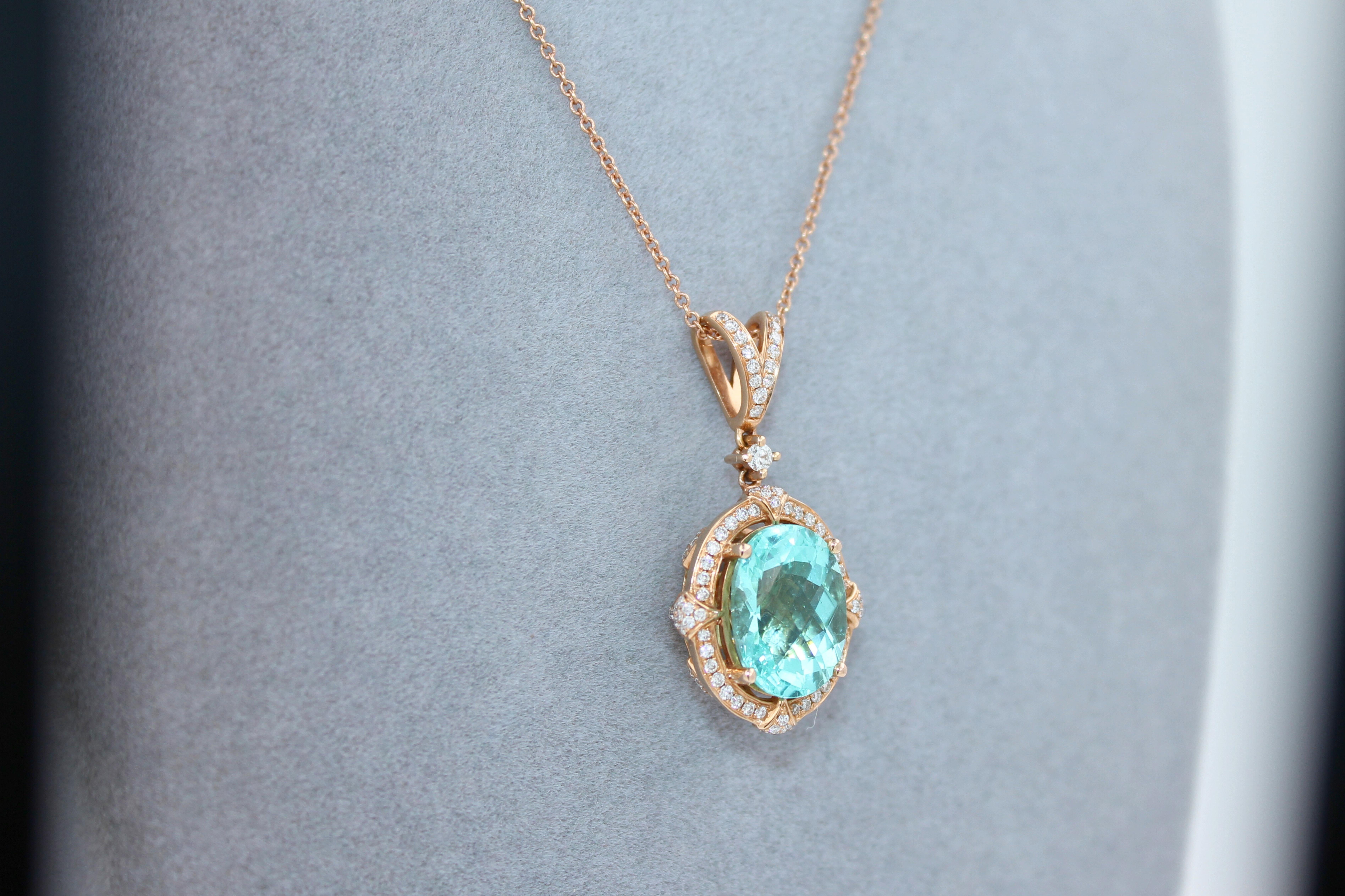 Teal Paraiba Tourmaline Diamond Halo Unique 18 Karat Rose Gold Pendant Necklace For Sale 3