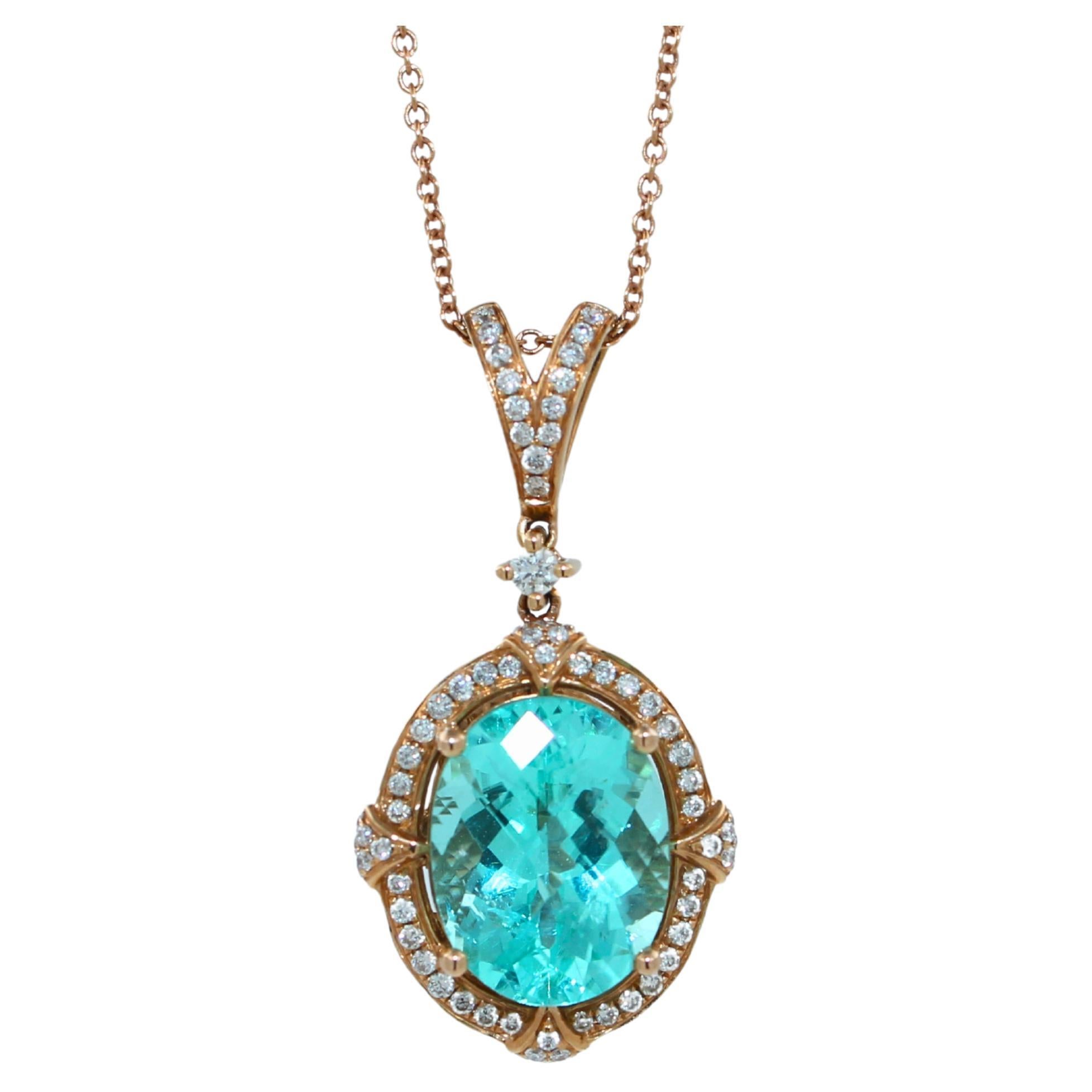 Teal Paraiba Tourmaline Diamond Halo Unique 18 Karat Rose Gold Pendant Necklace For Sale
