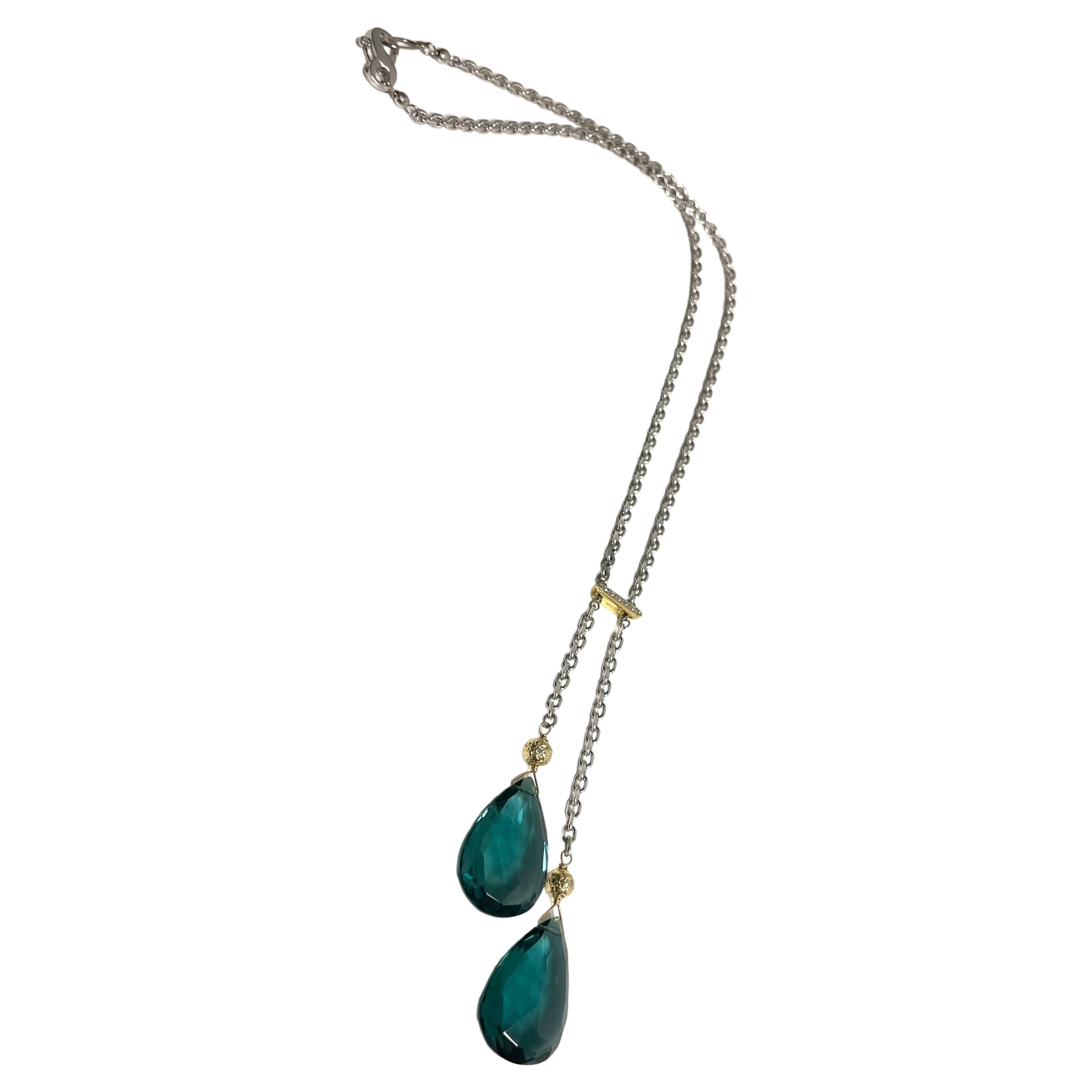 Teal Pear Shape Drops with Diamonds on White Gold Chain Necklace For Sale 4