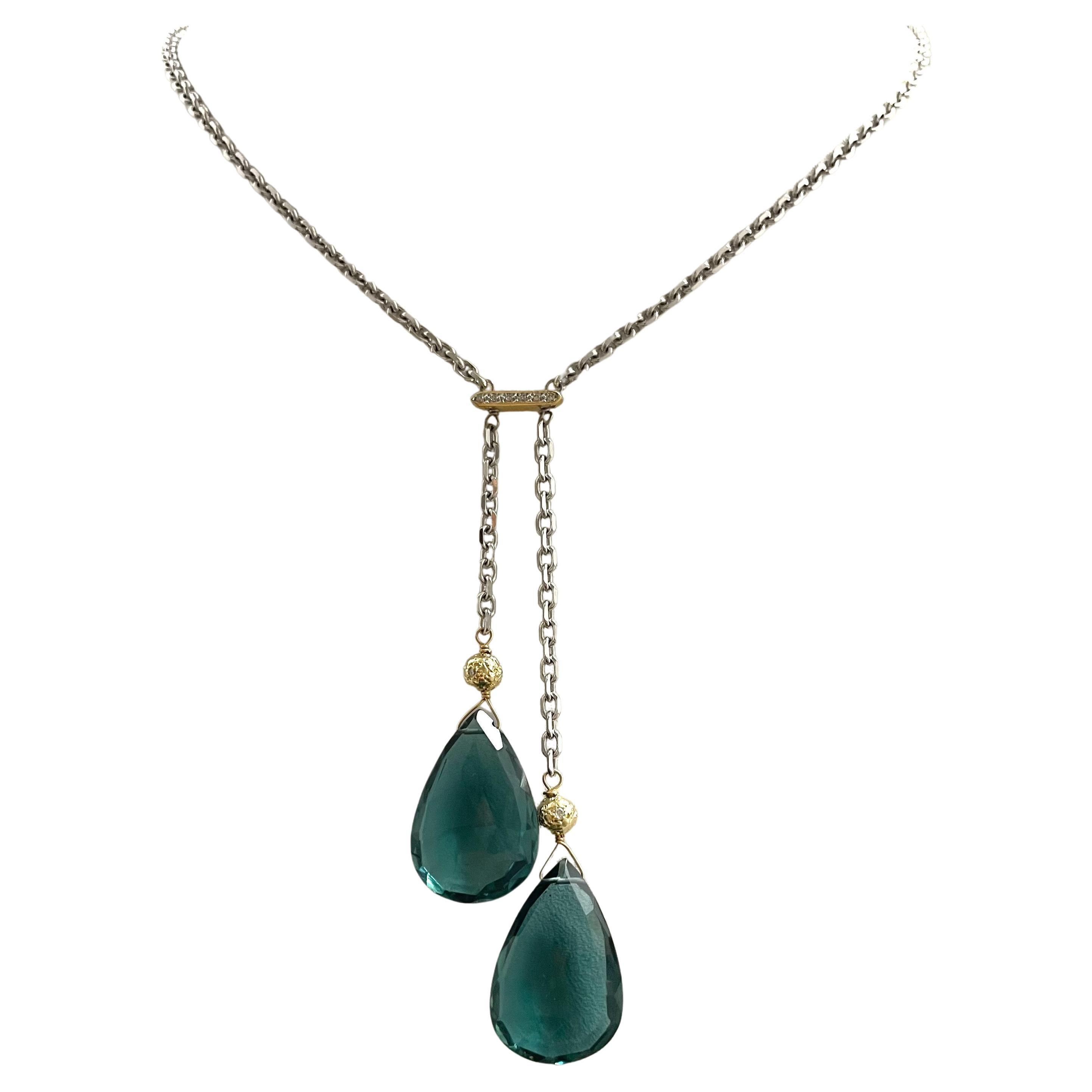 Teal Pear Shape Drops with Diamonds on White Gold Chain Necklace For Sale 4
