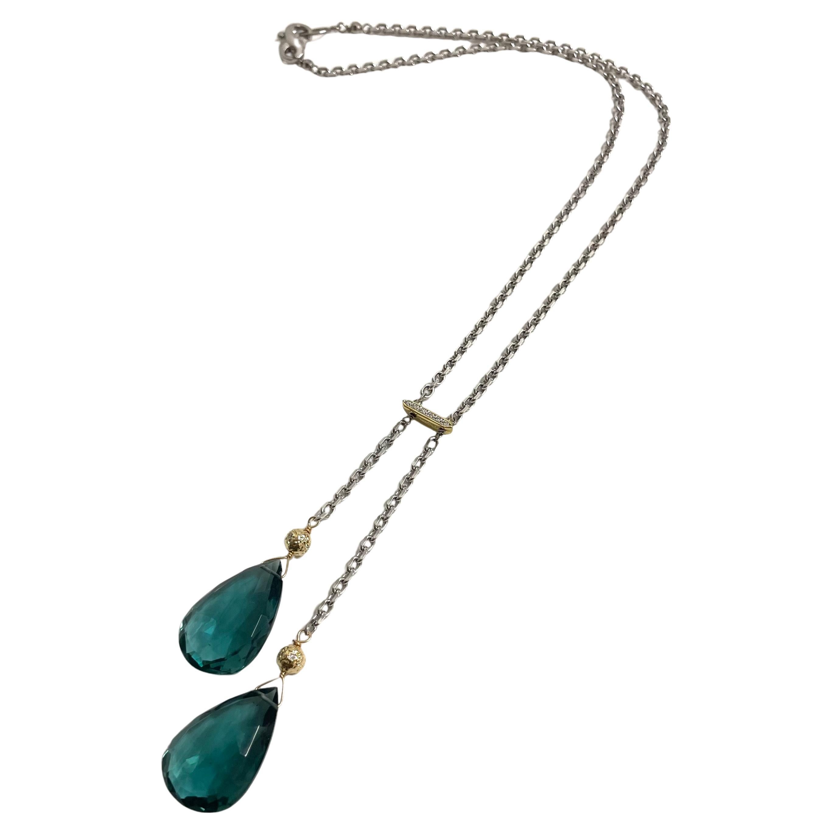 Artisan Teal Pear Shape Drops with Diamonds on White Gold Chain Necklace For Sale