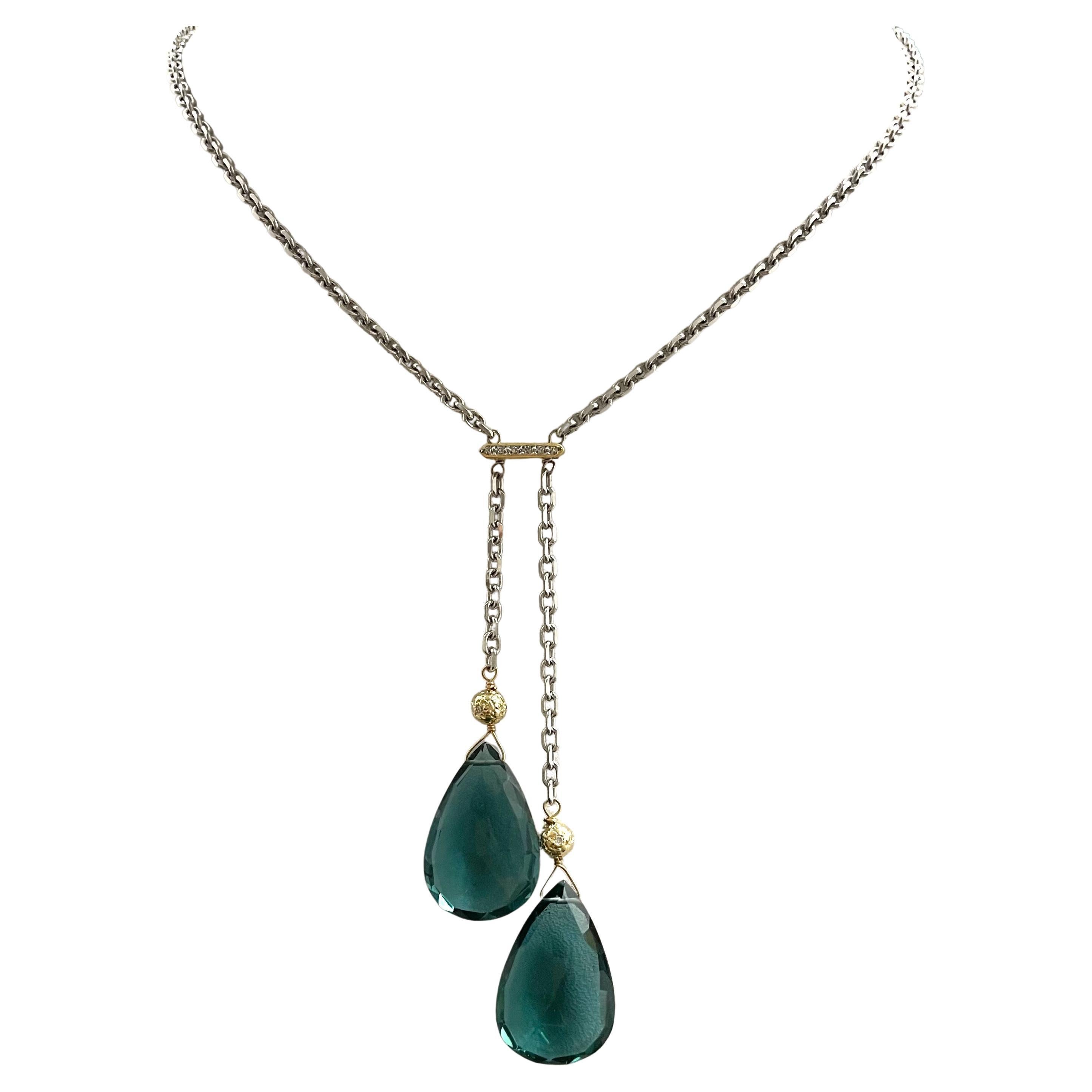 Teal Pear Shape Drops with Diamonds on White Gold Chain Necklace In New Condition For Sale In Laguna Beach, CA