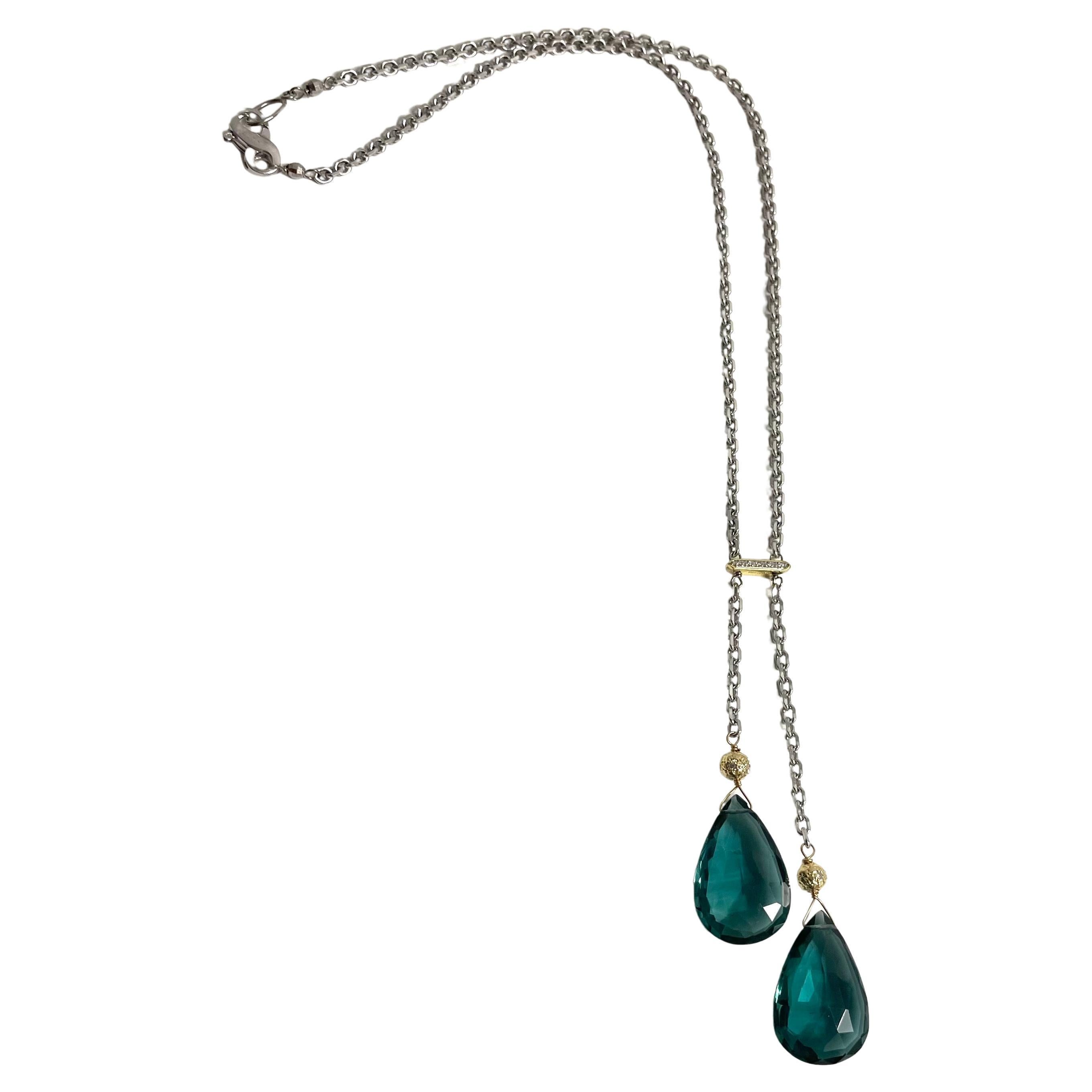 Teal Pear Shape Drops with Diamonds on White Gold Chain Necklace In New Condition For Sale In Laguna Beach, CA