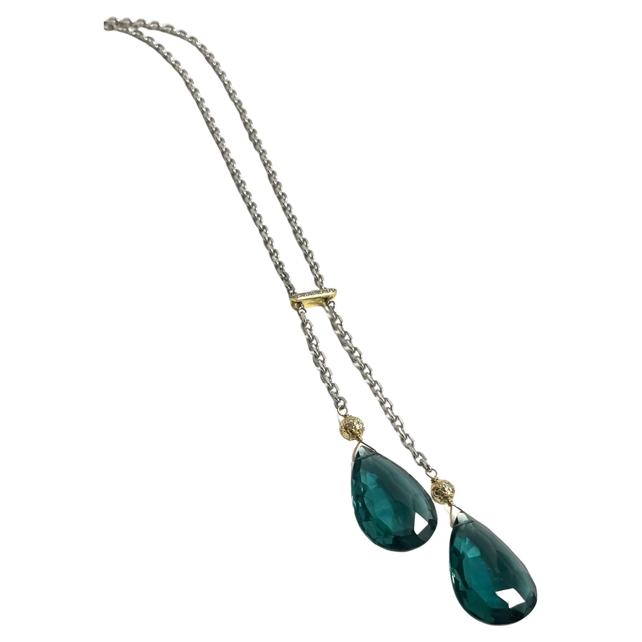 Teal Pear Shape Drops with Diamonds on White Gold Chain Necklace For Sale 1