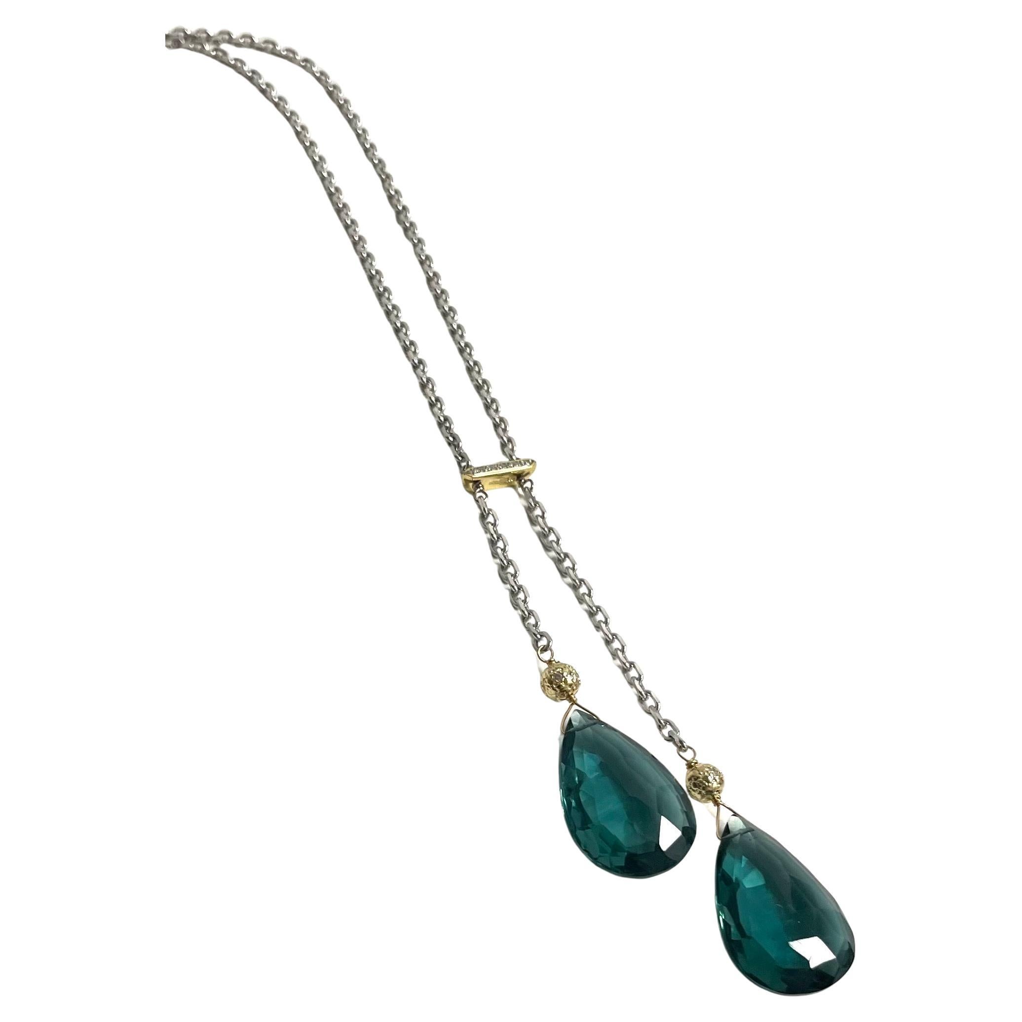 Teal Pear Shape Drops with Diamonds on White Gold Chain Necklace For Sale 2