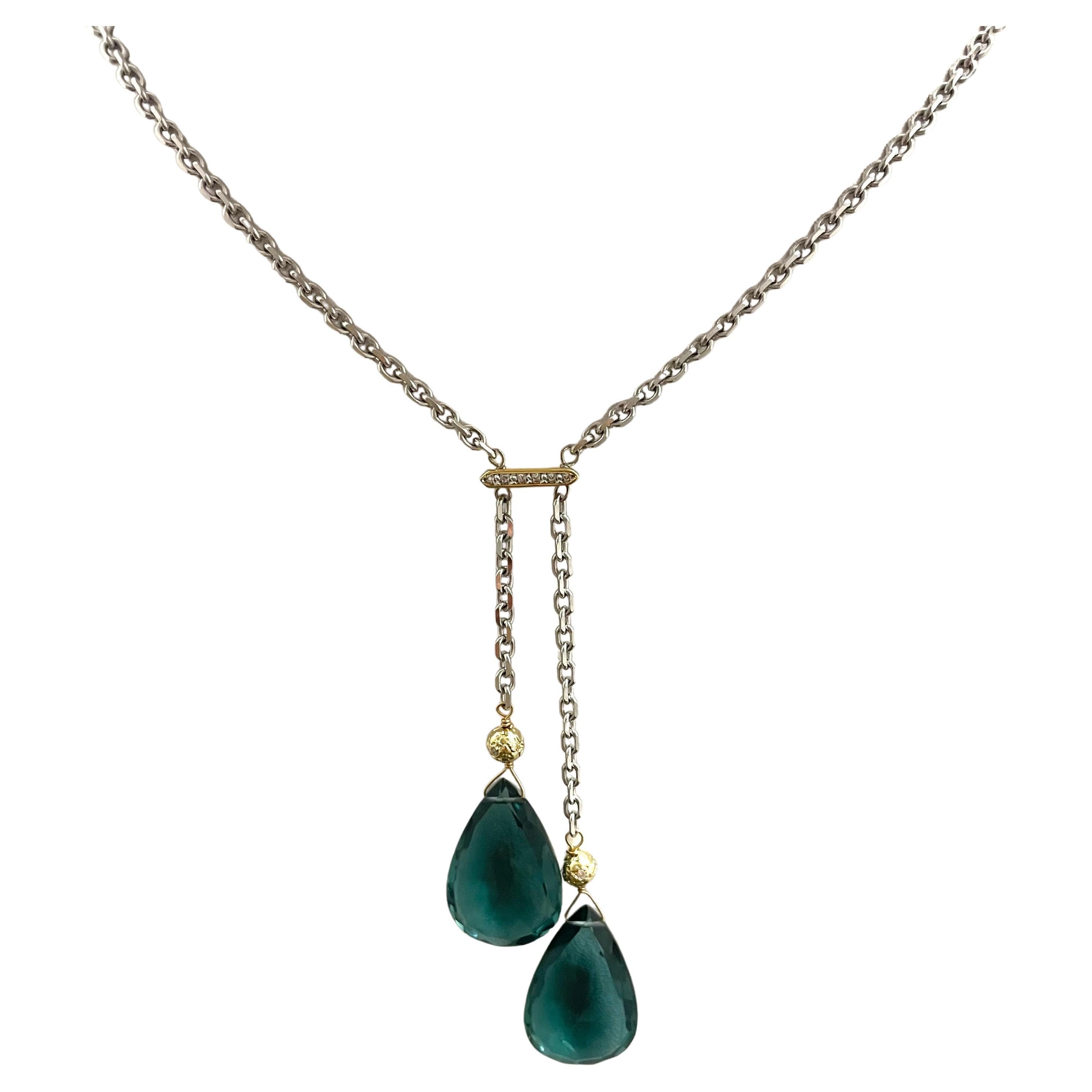 Teal Pear Shape Drops with Diamonds on White Gold Chain Necklace For Sale 3