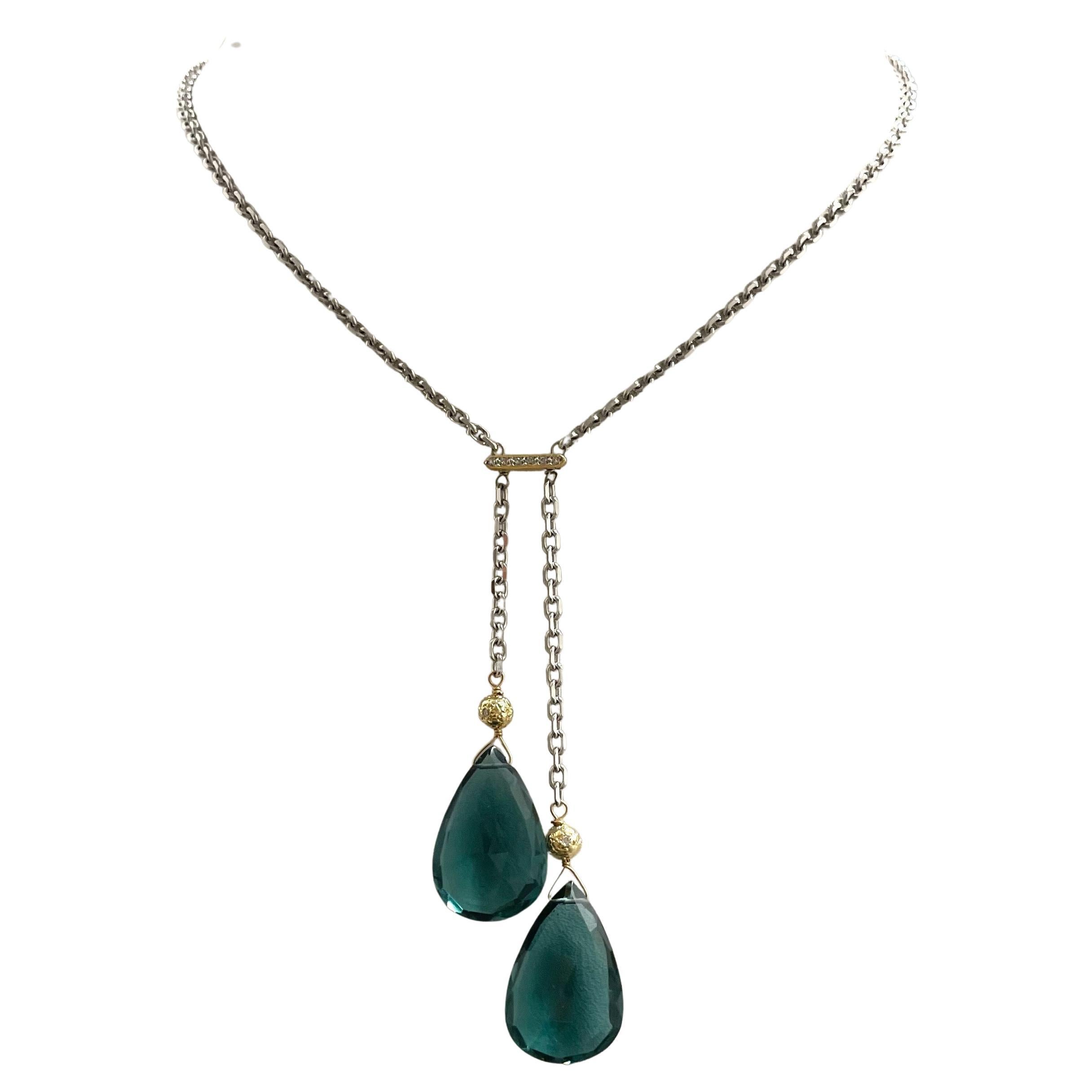 Teal Pear Shape Drops with Diamonds on White Gold Chain Necklace For Sale