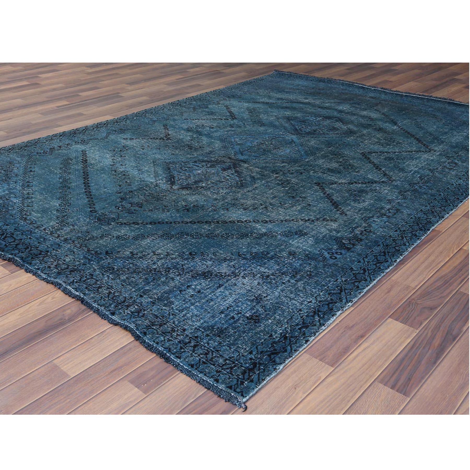 Hand-Knotted Teal Persian Shiraz Serrated Medallion Design Old Worn Wool Hand Knotted Rug