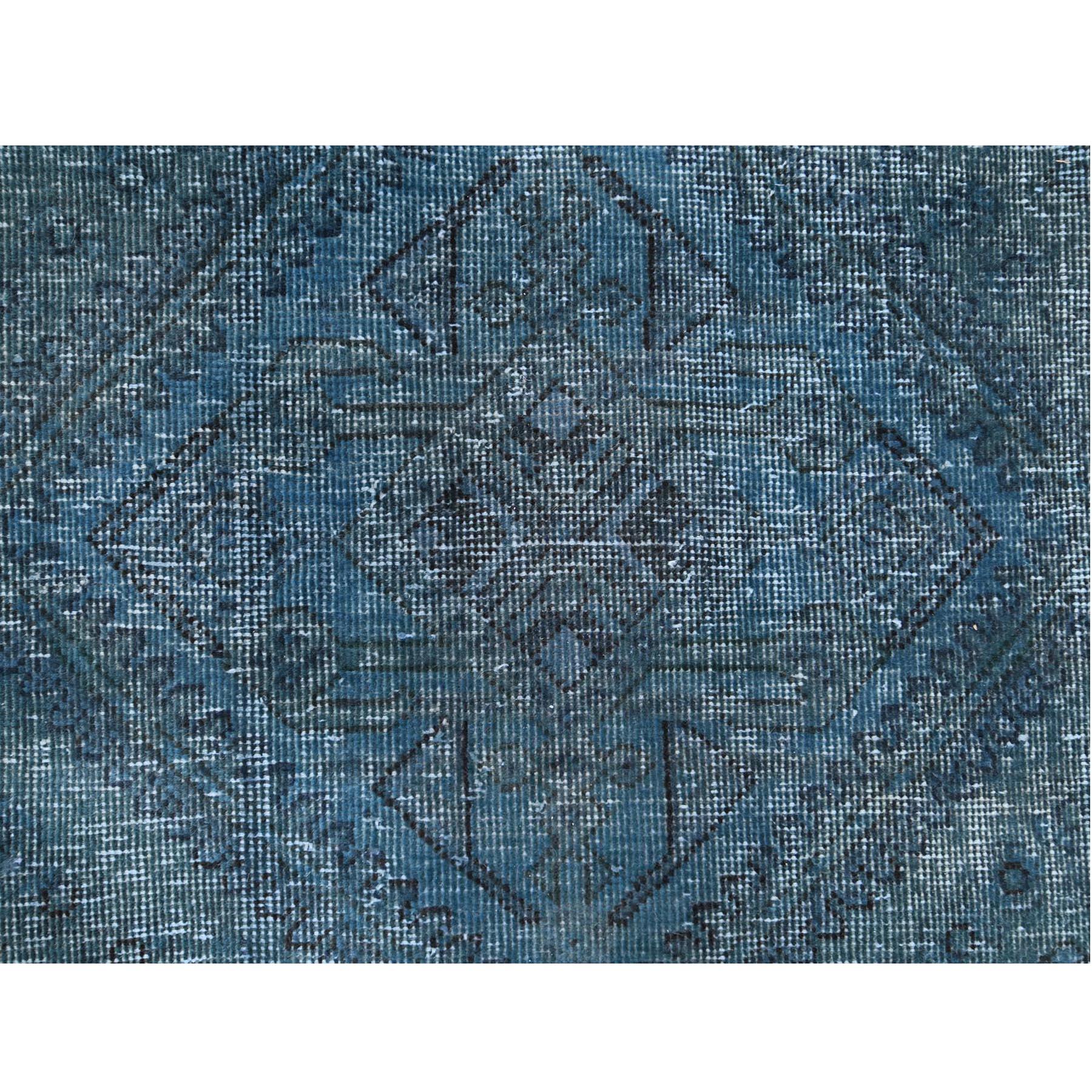 Teal Persian Shiraz Serrated Medallion Design Old Worn Wool Hand Knotted Rug 3