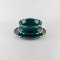 Teal plates gold rim: Soup, holder, side plate for 4. Handmade in Italy 2024
