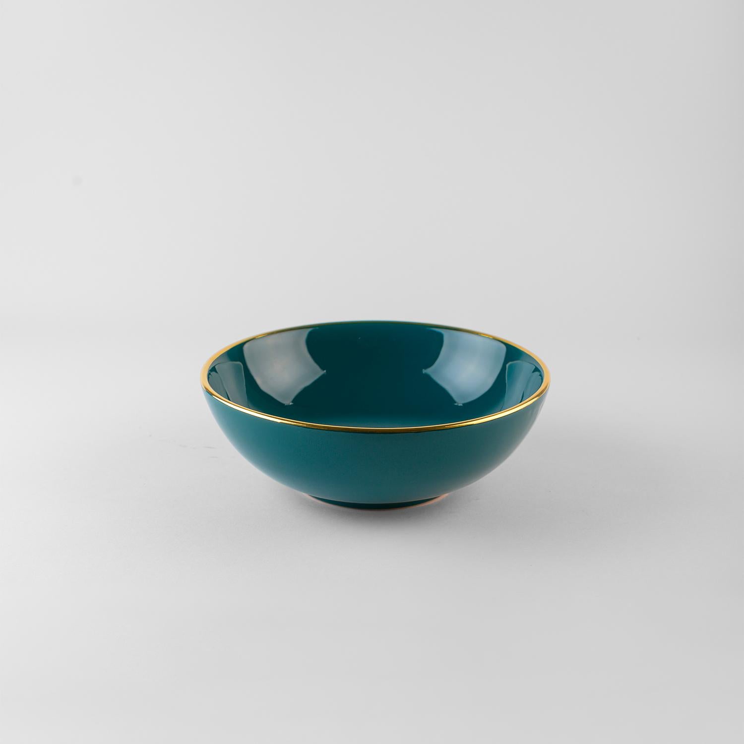 Platos teal borde dorado: Sopa, soporte, plato auxiliar para 4. Hecho a mano en Italia 2024 Moderno en venta