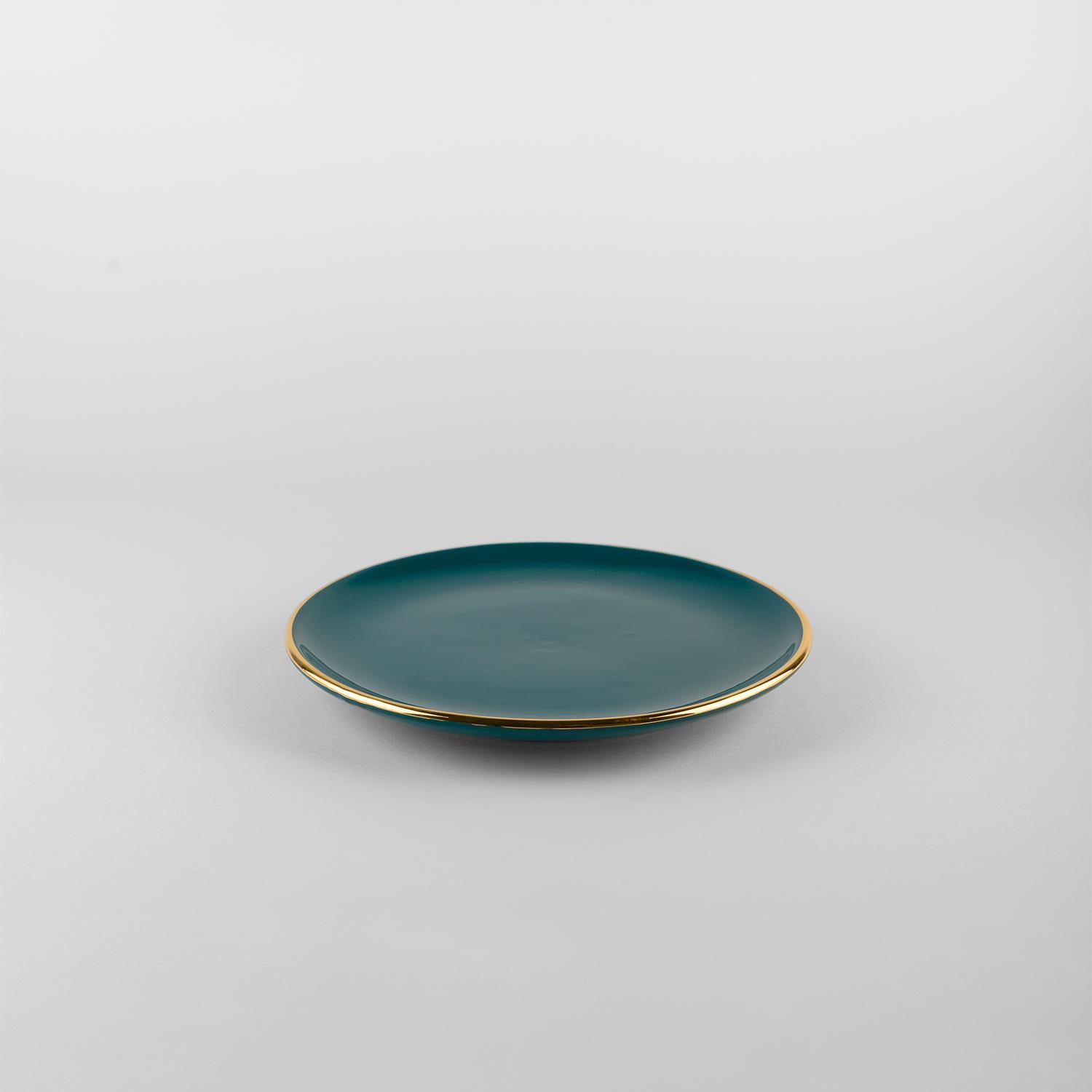 Platos teal borde dorado: Sopa, soporte, plato auxiliar para 4. Hecho a mano en Italia 2024 Italiano en venta