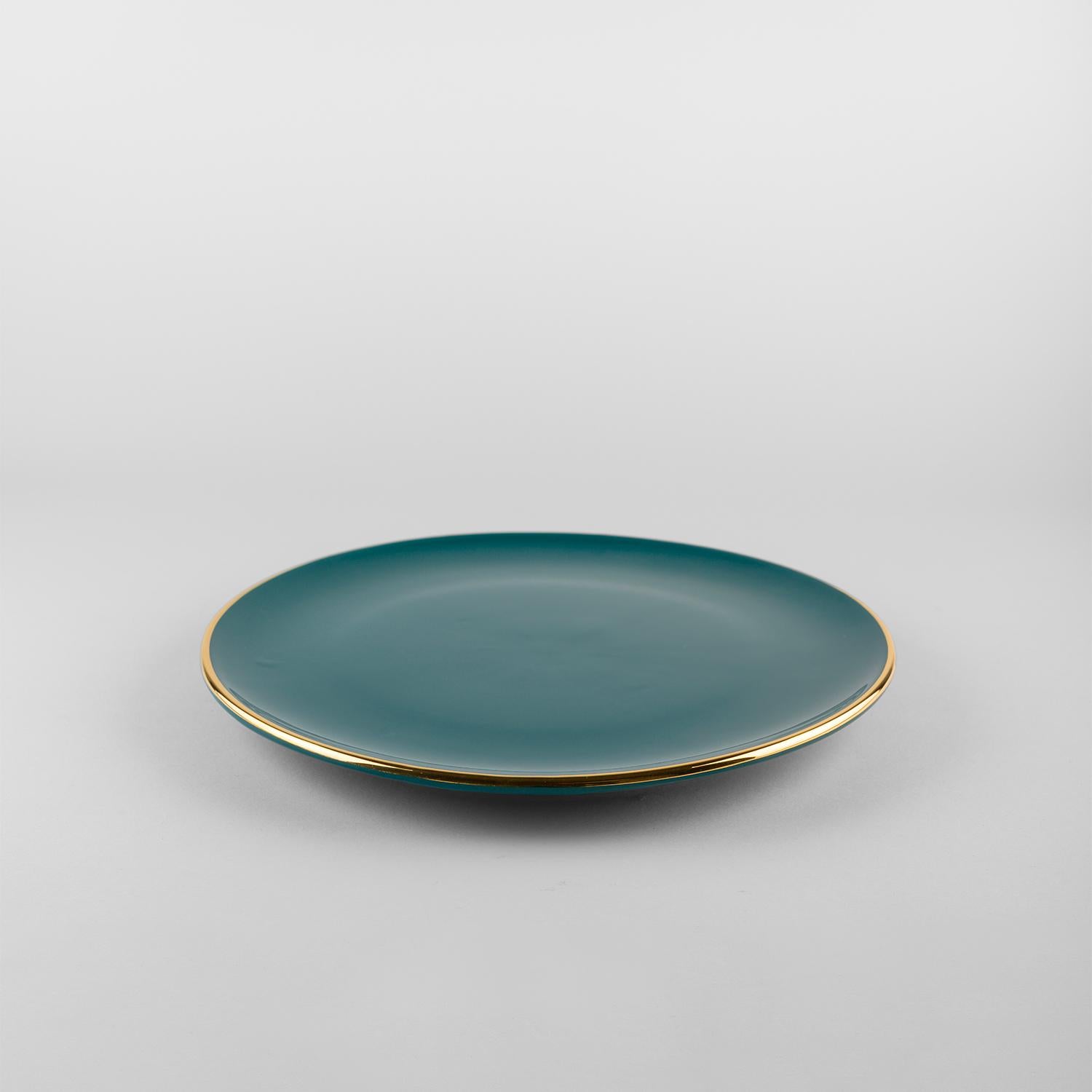 Platos teal borde dorado: Sopa, soporte, plato auxiliar para 4. Hecho a mano en Italia 2024 en Nuevo estado para la venta en San Miniato PI, IT