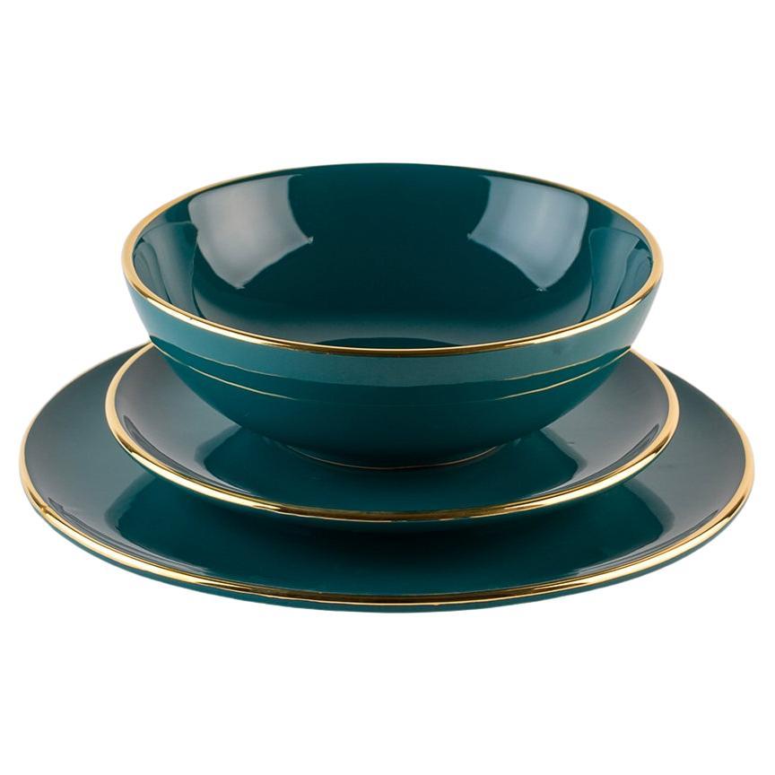 Platos teal borde dorado: Sopa, soporte, plato auxiliar para 4. Hecho a mano en Italia 2024