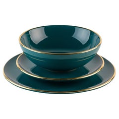 Platos teal borde dorado: Sopa, soporte, plato auxiliar para 4. Hecho a mano en Italia 2024