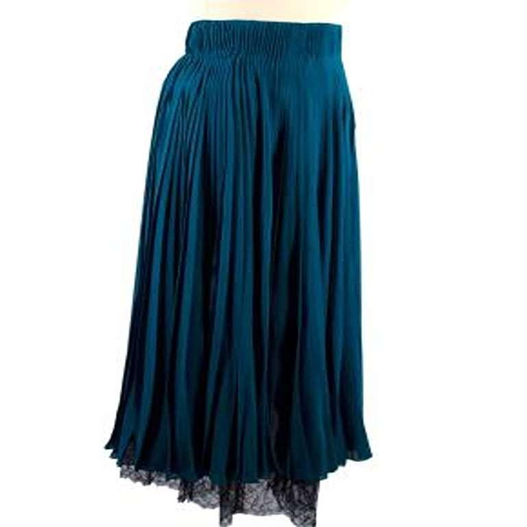 Teal Pleated Silk Midi Skirt with Black Lace Trim In Excellent Condition For Sale In London, GB