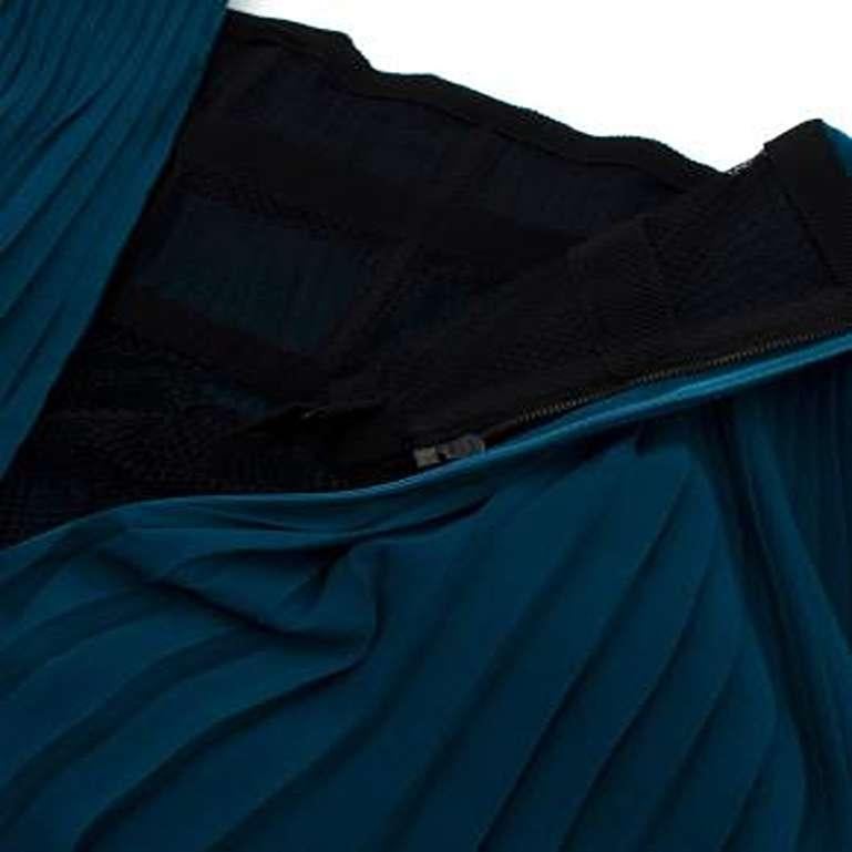 Teal Pleated Silk Midi Skirt with Black Lace Trim For Sale 1