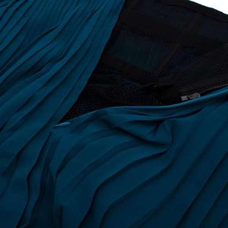 Teal Pleated Silk Midi Skirt with Black Lace Trim For Sale 3